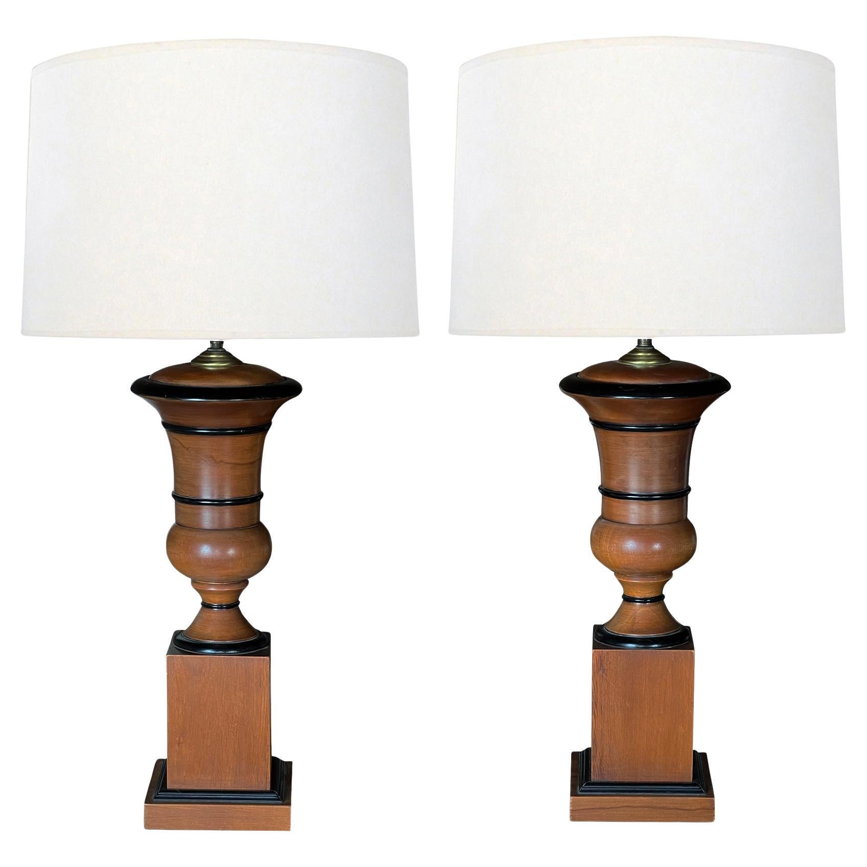 Pair of Biedermeier Style Turned Mahogany Urn-form Lamps with Ebonized Highlight For Sale