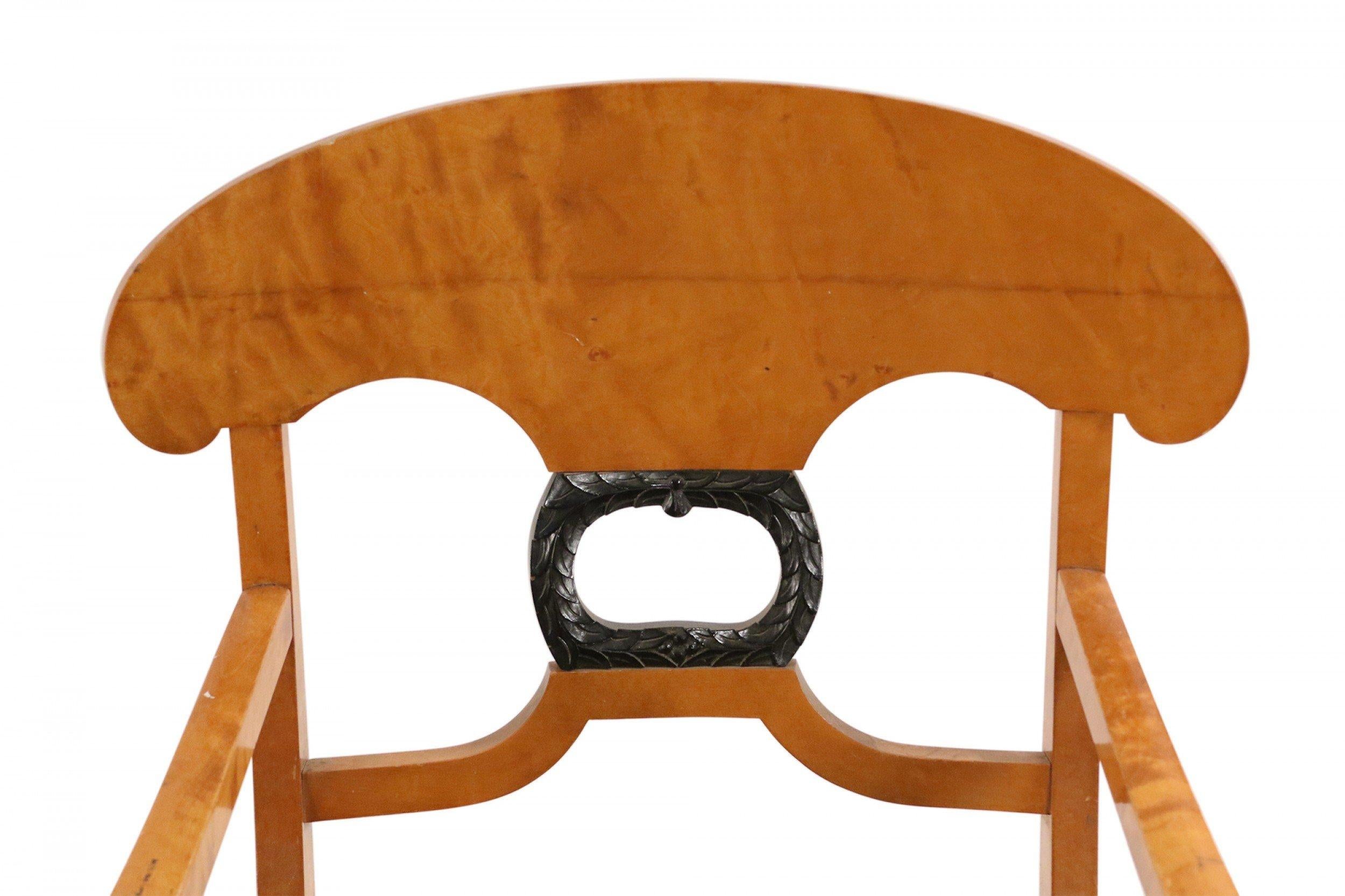 Veneer Pair of Biedermeier Style Wood and Black Upholstery Dining Armchairs