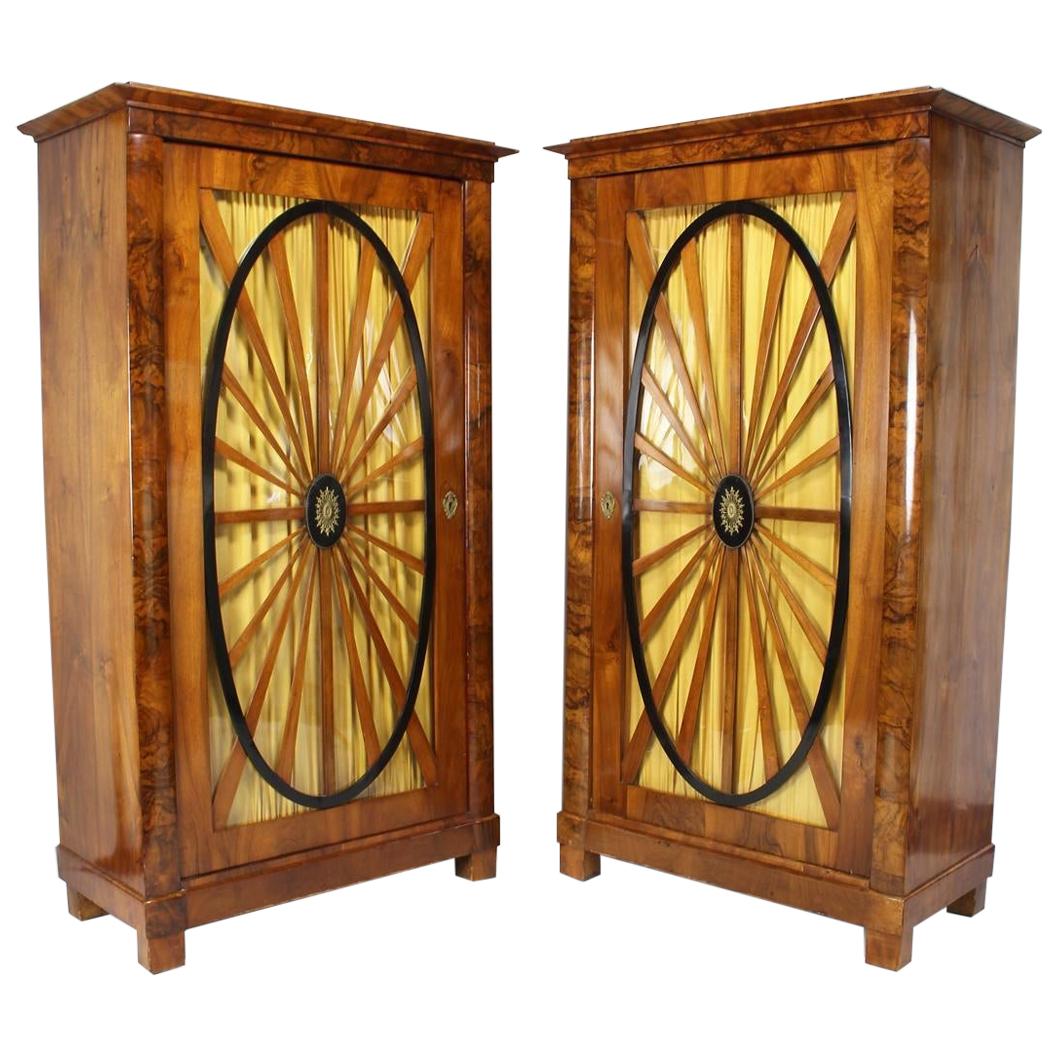 Pair of Biedermeier Walnut and Ebonized Vitrine Cabinets For Sale