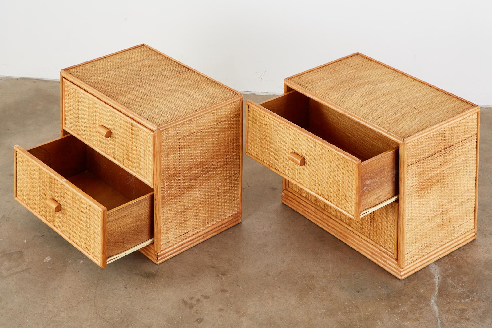 American Pair of Bielecky Brothers Raffia Cane Organic Modern Nightstands