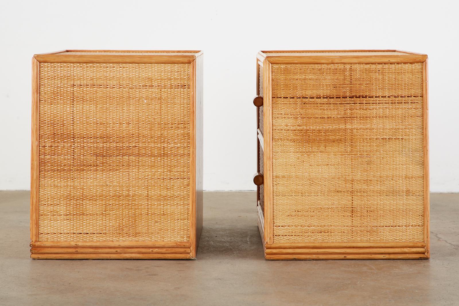 Hand-Crafted Pair of Bielecky Brothers Raffia Cane Organic Modern Nightstands