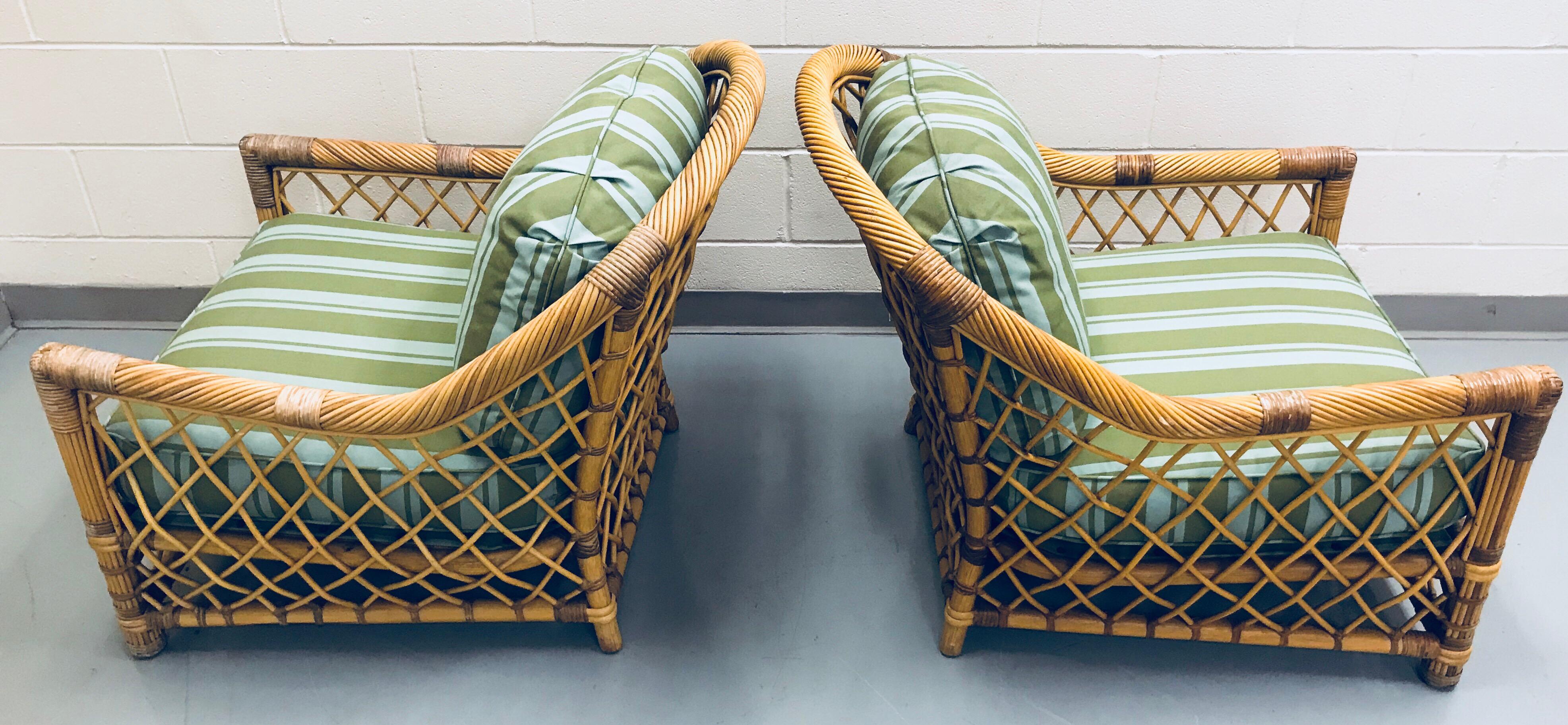 Late 20th Century Pair of Bielecky Brothers Rattan Wicker Lounge Chairs