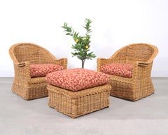Pair of Bielecky Brothers Rattan Wicker Lounge Chairs + Ottoman