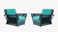 Pair of Bielecky Brothers Wicker Rattan "President" Lounge Chairs & Ottoman