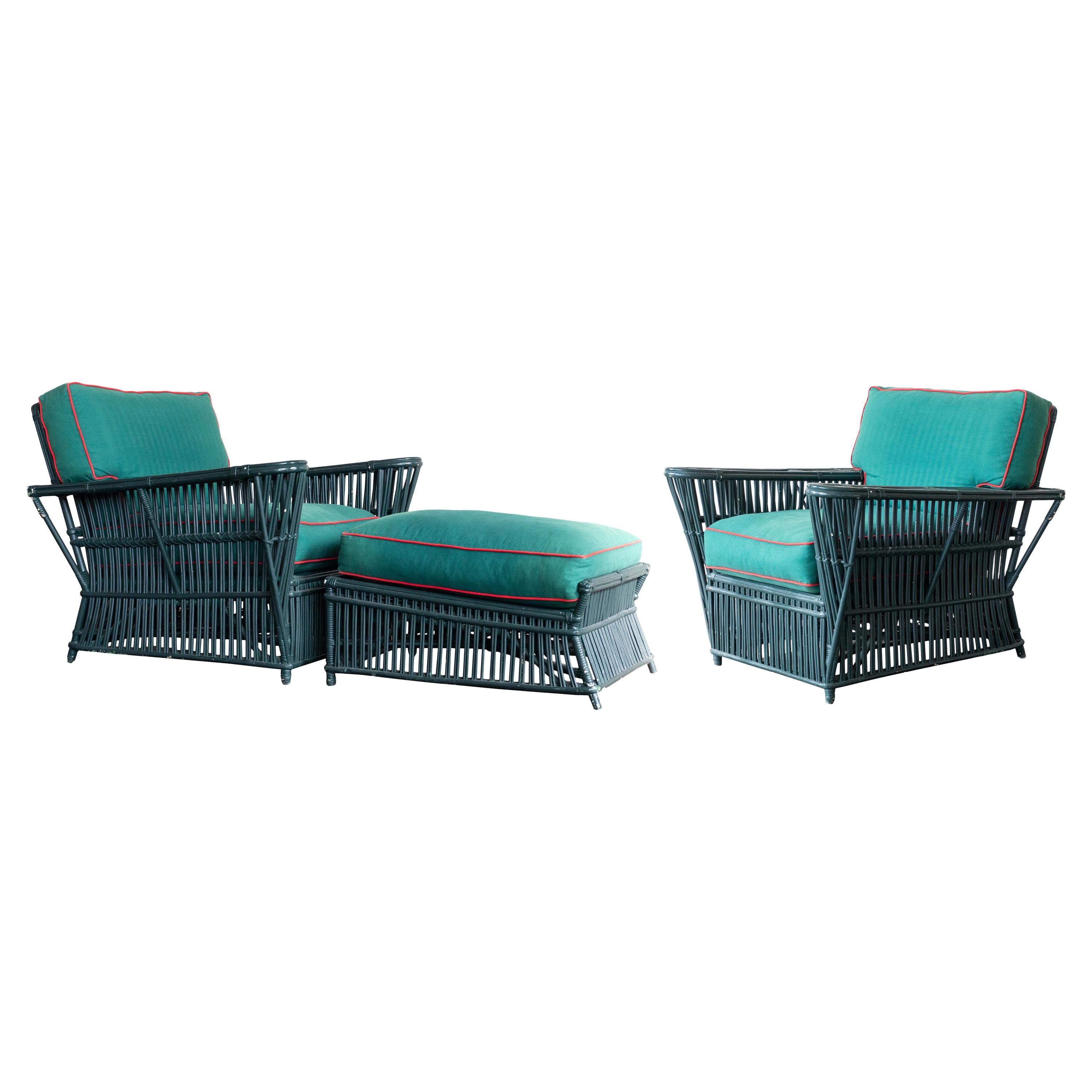 Pair of Bielecky Brothers Wicker Rattan "President" Lounge Chairs & Ottoman