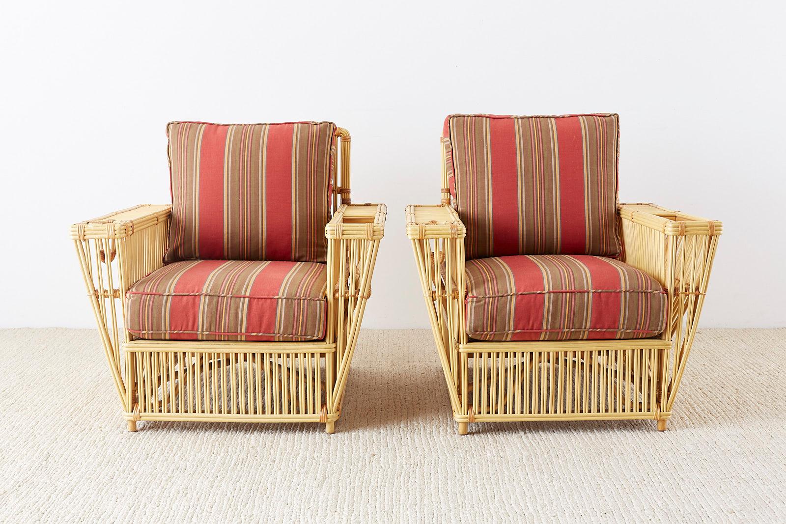 Pair of Bielecky Stick Wicker Rattan President Lounge Chairs 1