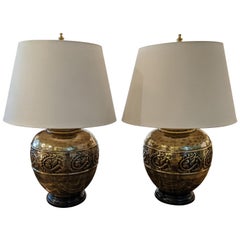 Pair of Big Beautiful Brass Finish Glazed Ceramic Table Lamps