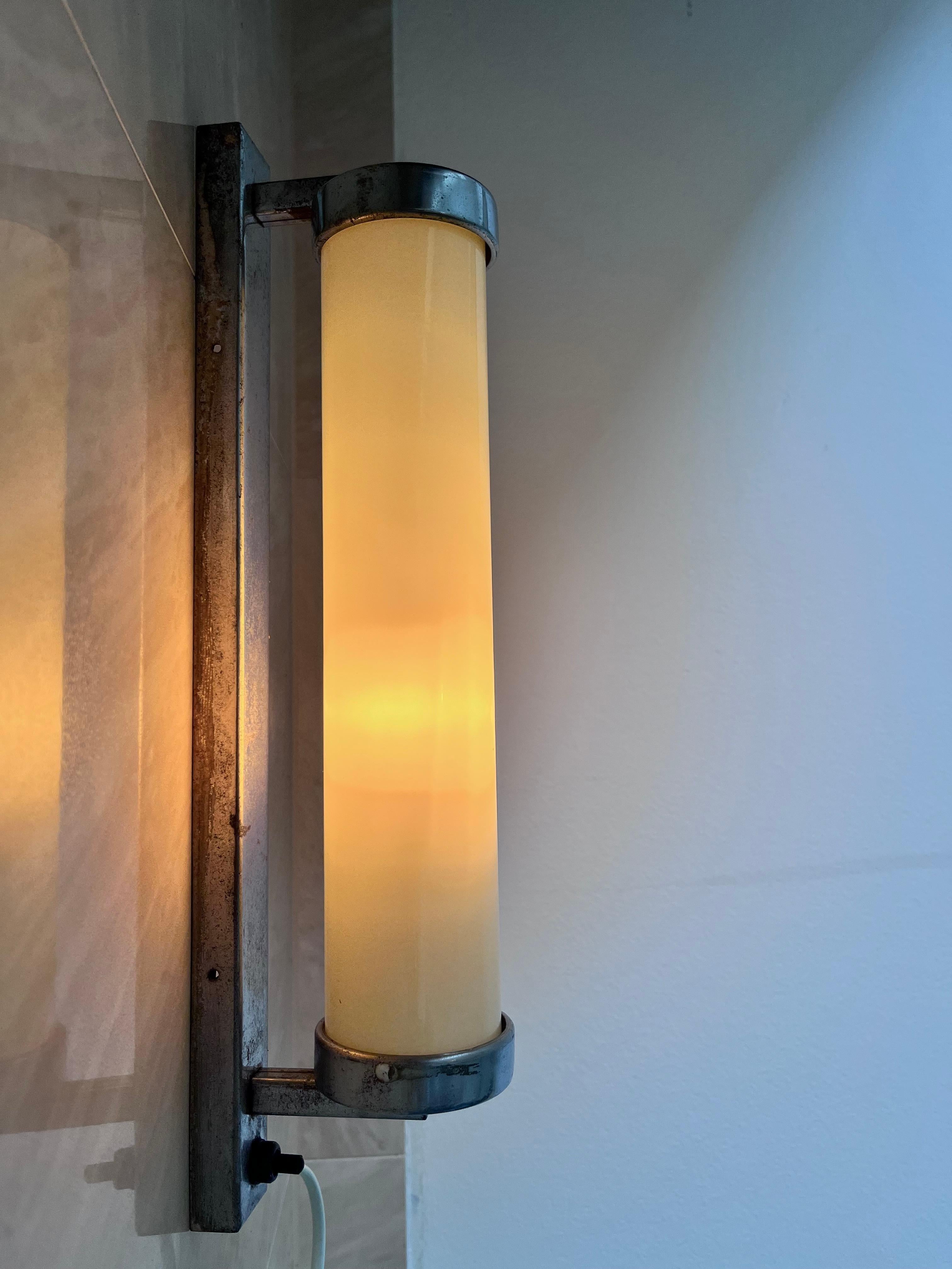 Czech Pair of Big Chrome milk glass  Bauhaus / Functionalist Wall Lamps - 1930s