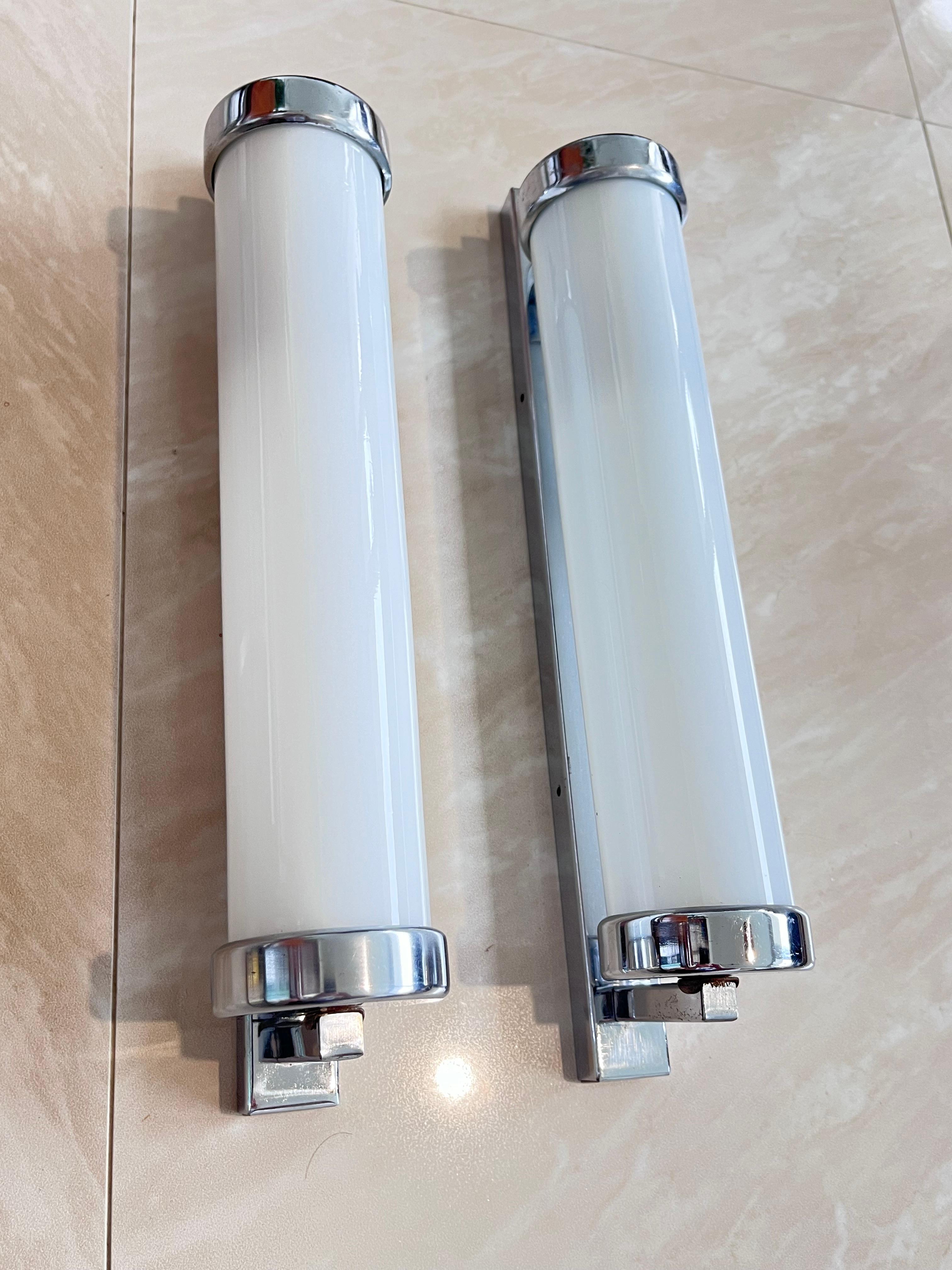 Pair of Big Chrome milk glass  Bauhaus / Functionalist Wall Lamps - 1930s  In Good Condition For Sale In Praha, CZ