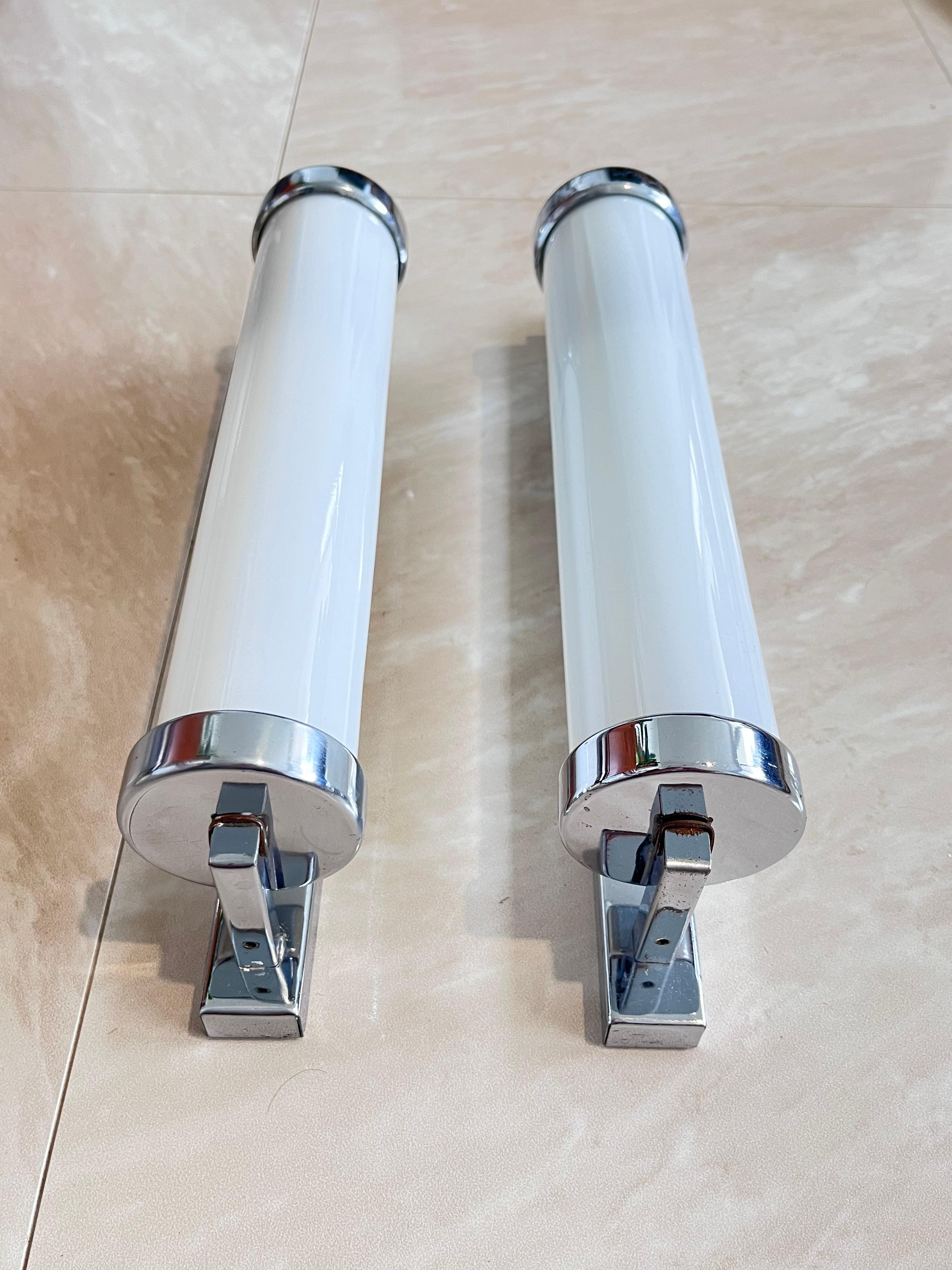 Mid-20th Century Pair of Big Chrome milk glass  Bauhaus / Functionalist Wall Lamps - 1930s  For Sale