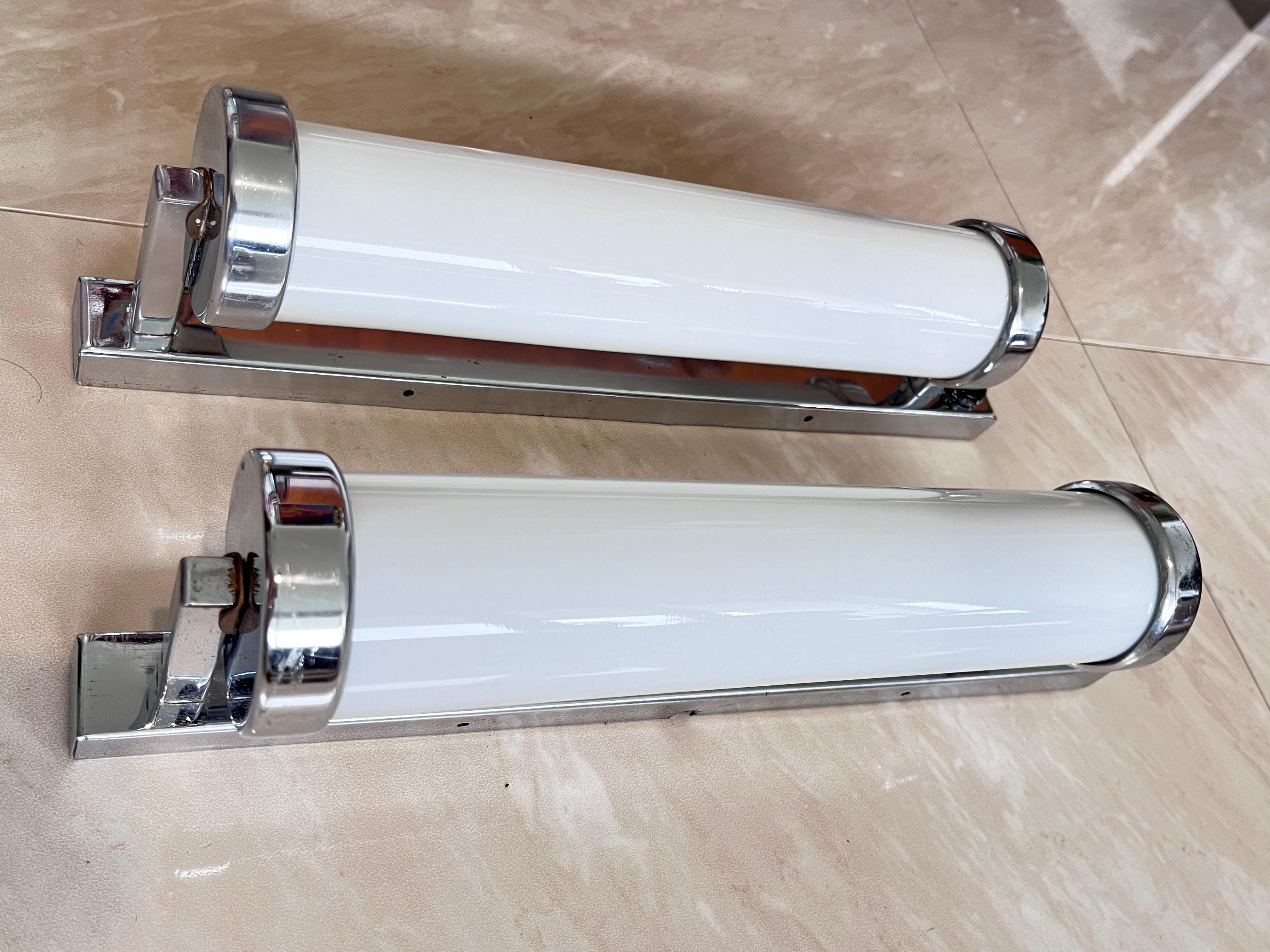Milk Glass Pair of Big Chrome milk glass  Bauhaus / Functionalist Wall Lamps - 1930s  For Sale