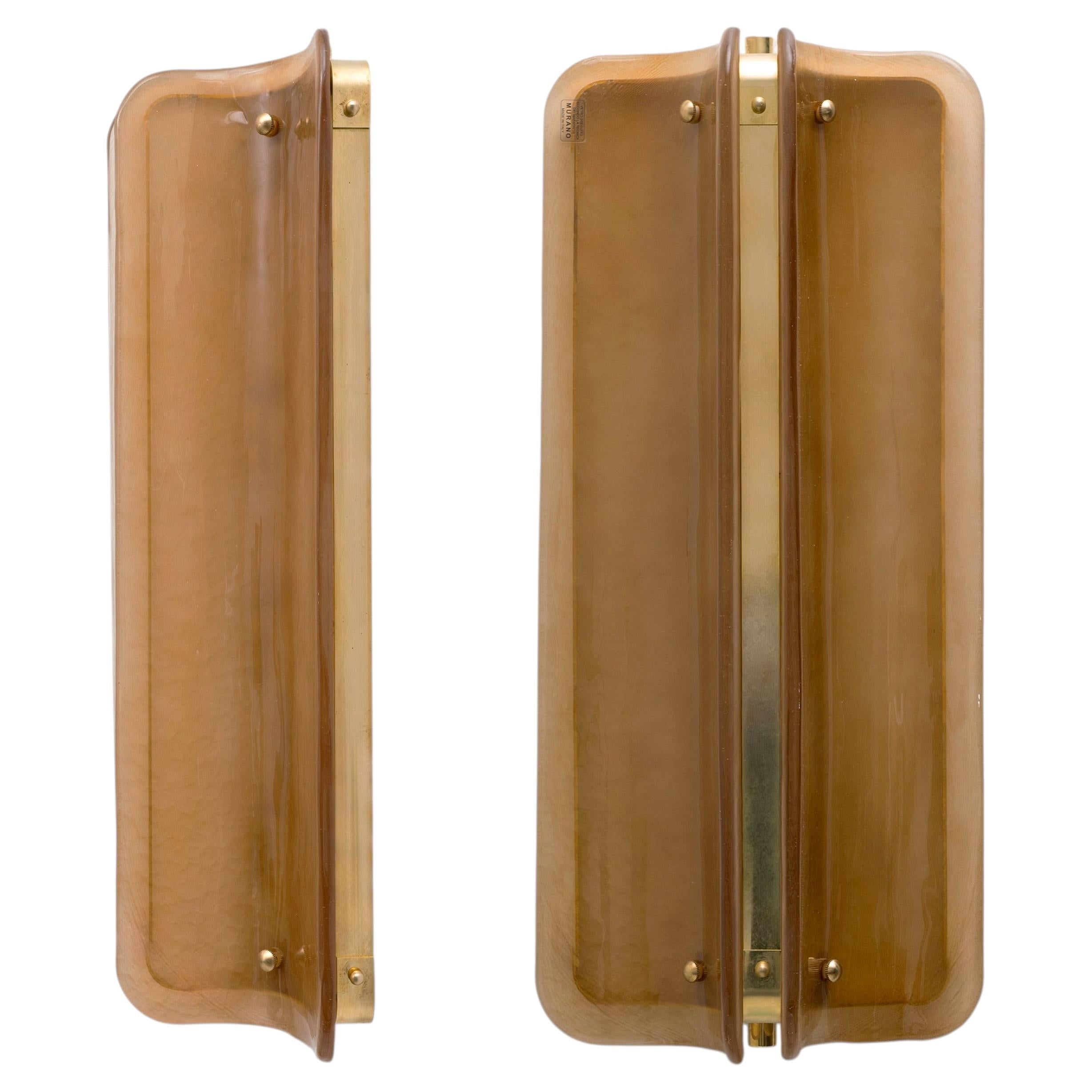 Pair of Large Curved Amber Murano Glass and Brass Wall Sconces