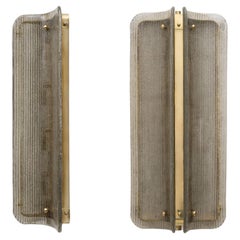 Pair of Large Curved Smoked Ribbed Murano Glass and Brass Wall Sconces
