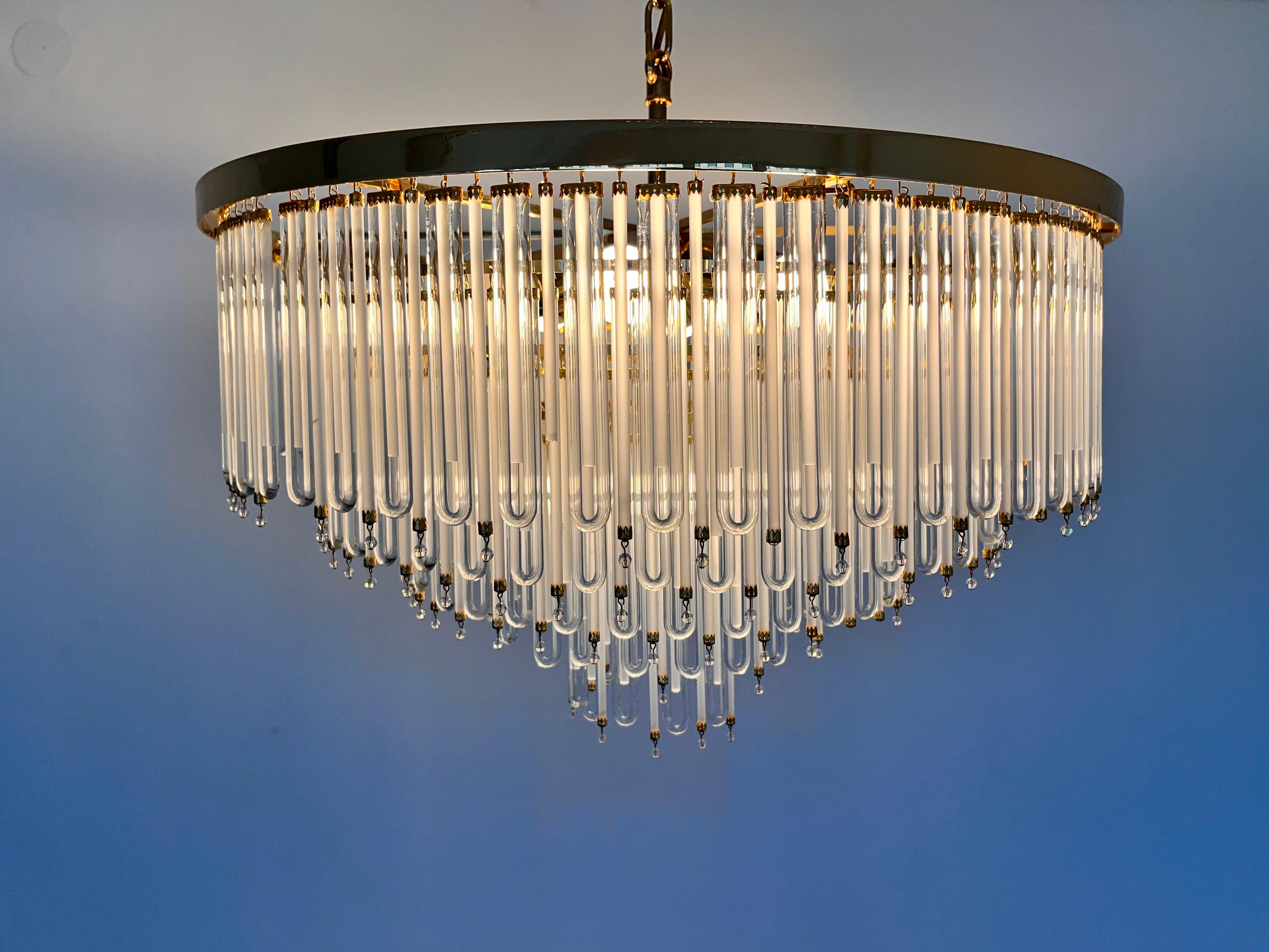 Mid-Century Modern Pair of Big design XXL glass brass austrian chandeliers - 1980s For Sale