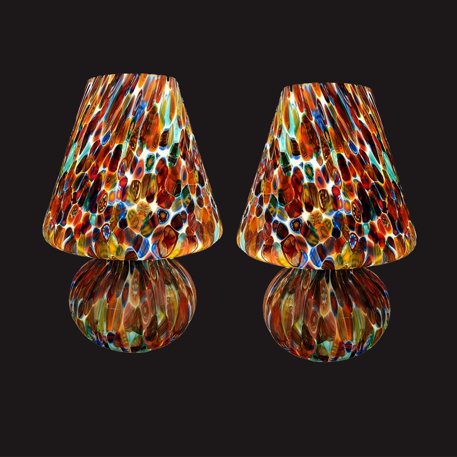 Table lamps made entirely with murrine millefiori murano glass.
Handcrafted by Murano glass master artisan. Custom made by hand and each piece differs from the other. Limited edition.
The murrina technique involves slicing canes of glass to expose