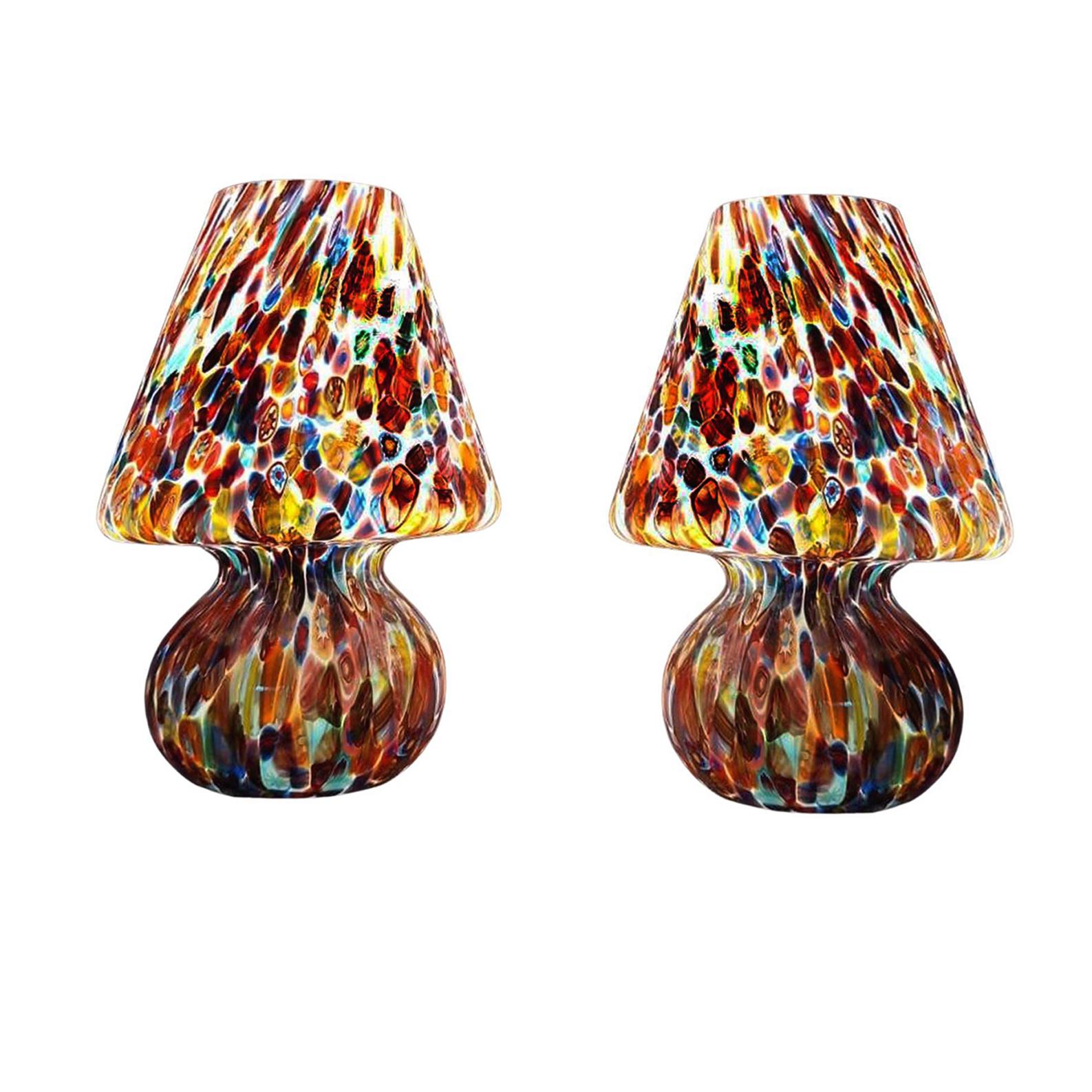 Mid-Century Modern Pair of Big Hancrafted Murano Table Lamps Murrine Millefiori Decor, Italy 2000's For Sale