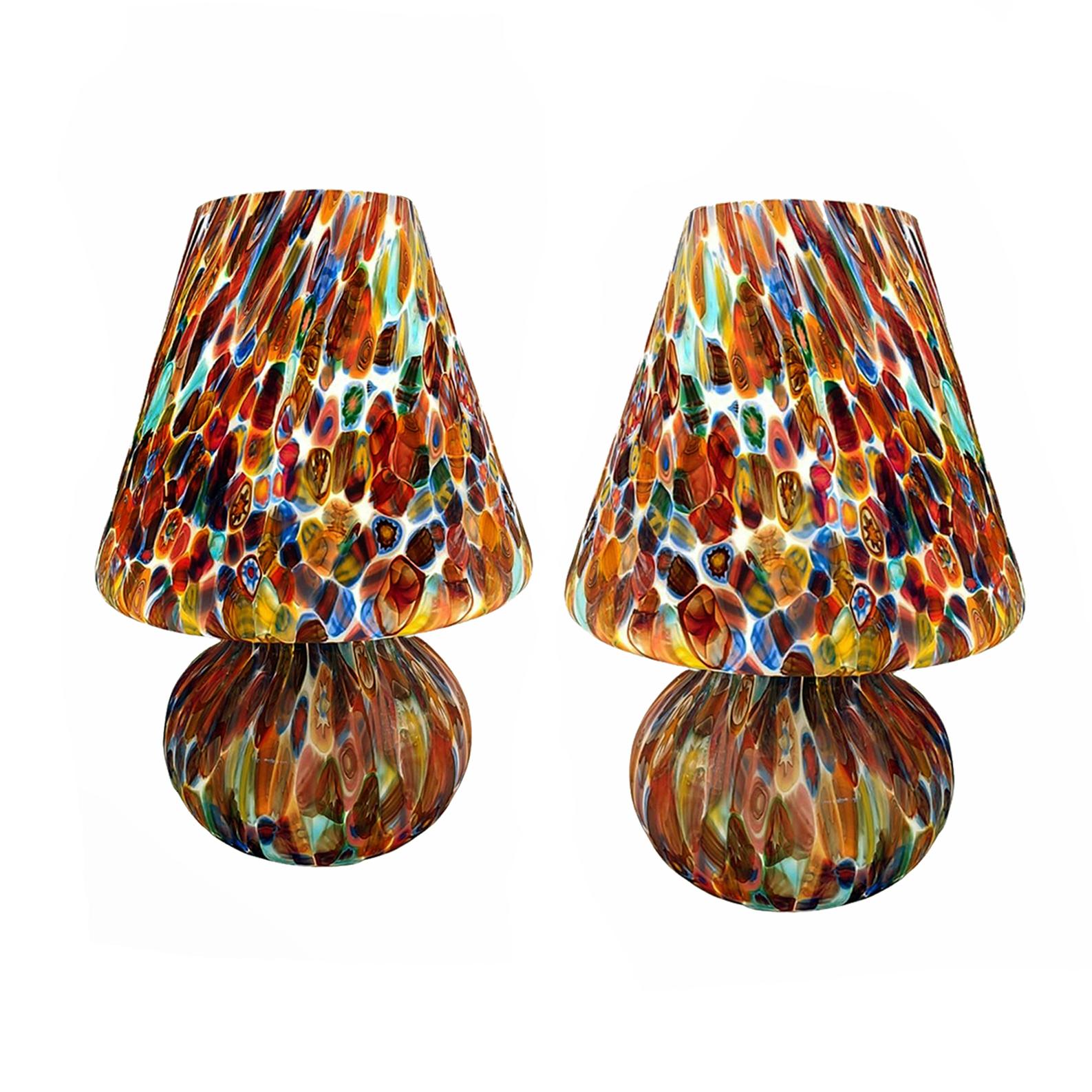 Pair of Big Hancrafted Murano Table Lamps Murrine Millefiori Decor, Italy 2000's For Sale