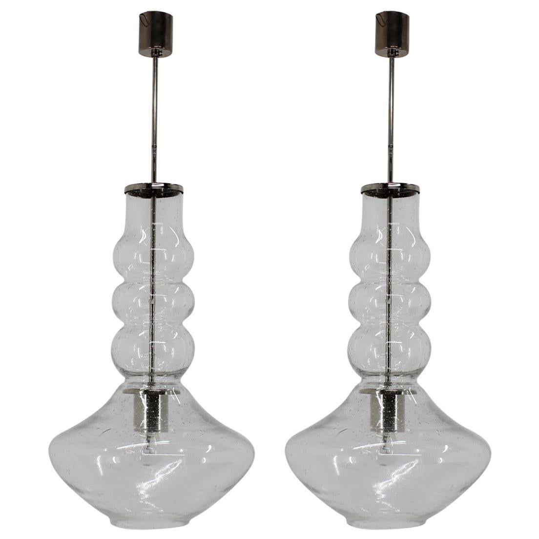 Pair of Big Handmade Glass Midcentury Design Pendants, 1960s