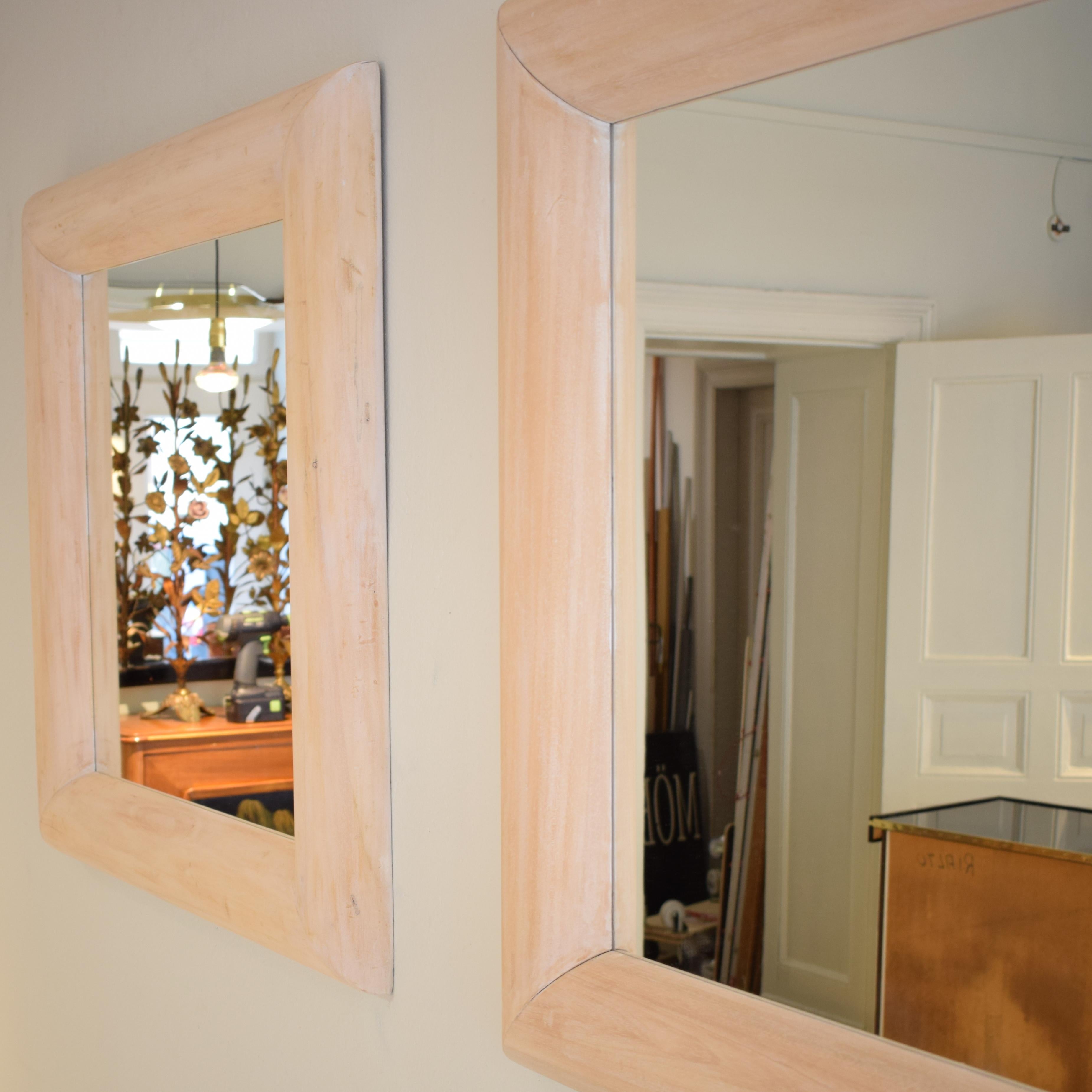 Pair of Big Large French Midcentury Mirrors in Whitewashed Lime Wood, 1950s 1