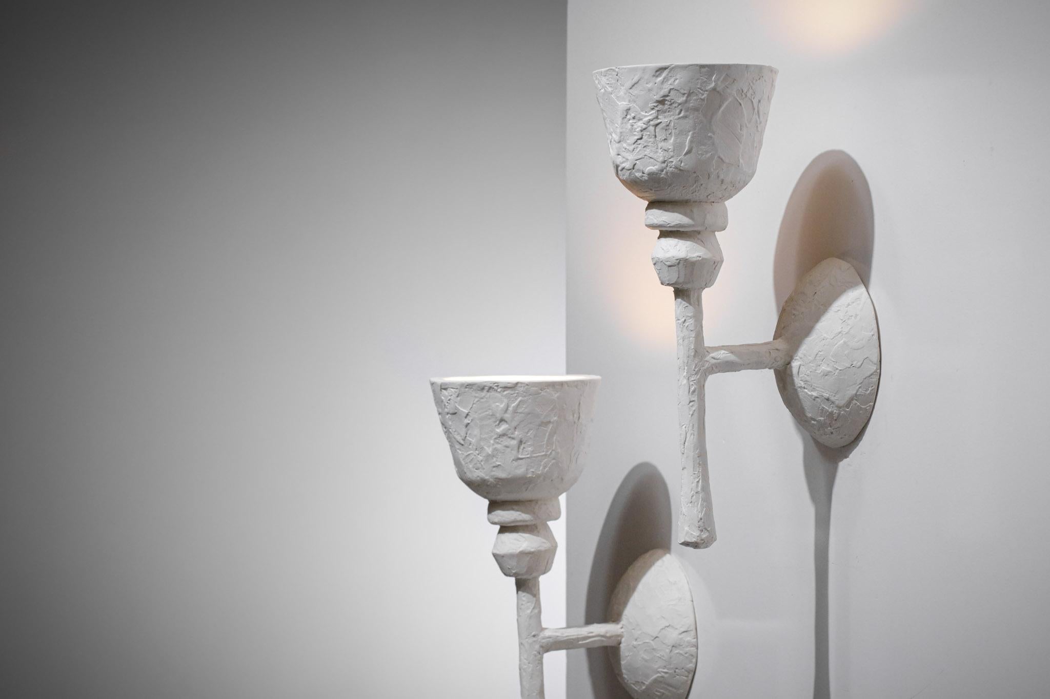 Pair of Big Sconces in Modern Plaster in the Style of Giacometti G170 For Sale 6