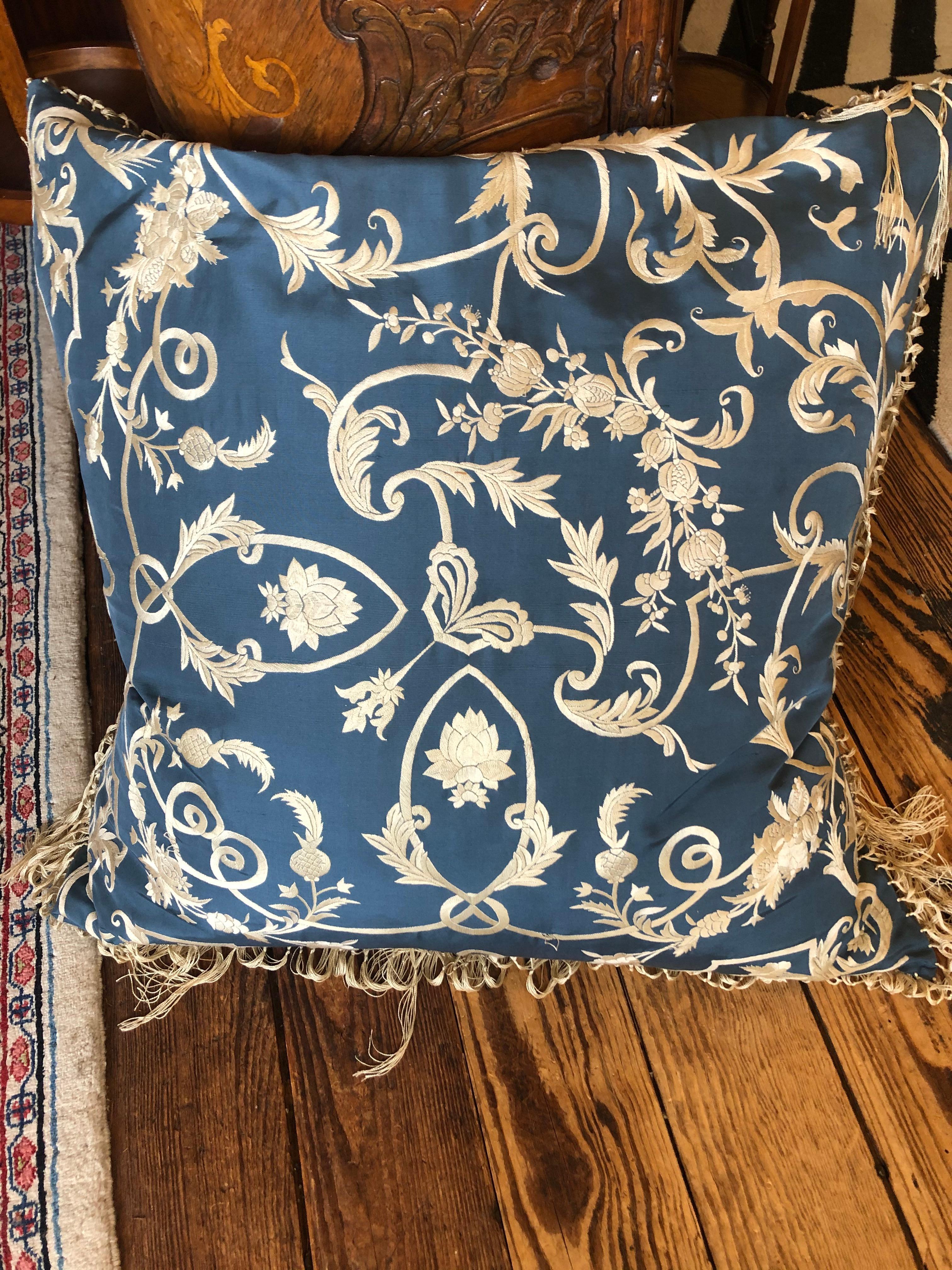 Big Silk Periwinkle Blue and Cream Ralph Lauren Embroidered Pillow In Good Condition In Hopewell, NJ