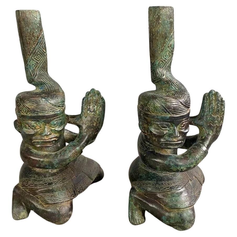 Pair of Big Size Chinese Antique Bronze Clapping Hands Kneeling Down Men Statue