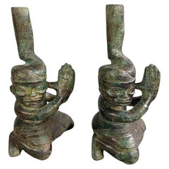 Pair of Big Size Chinese Antique Bronze Clapping Hands Kneeling Down Men Statue