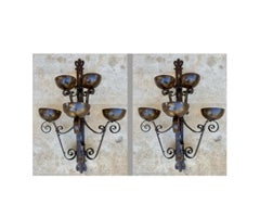Pair of Big Spanish Hand-Forged Iron Wall Sconces, Mid-20th Century