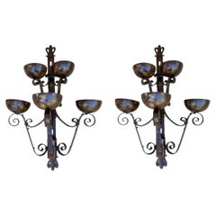 Pair of Big Spanish Hand-Forged Iron Wall Sconces, Mid-20th Century