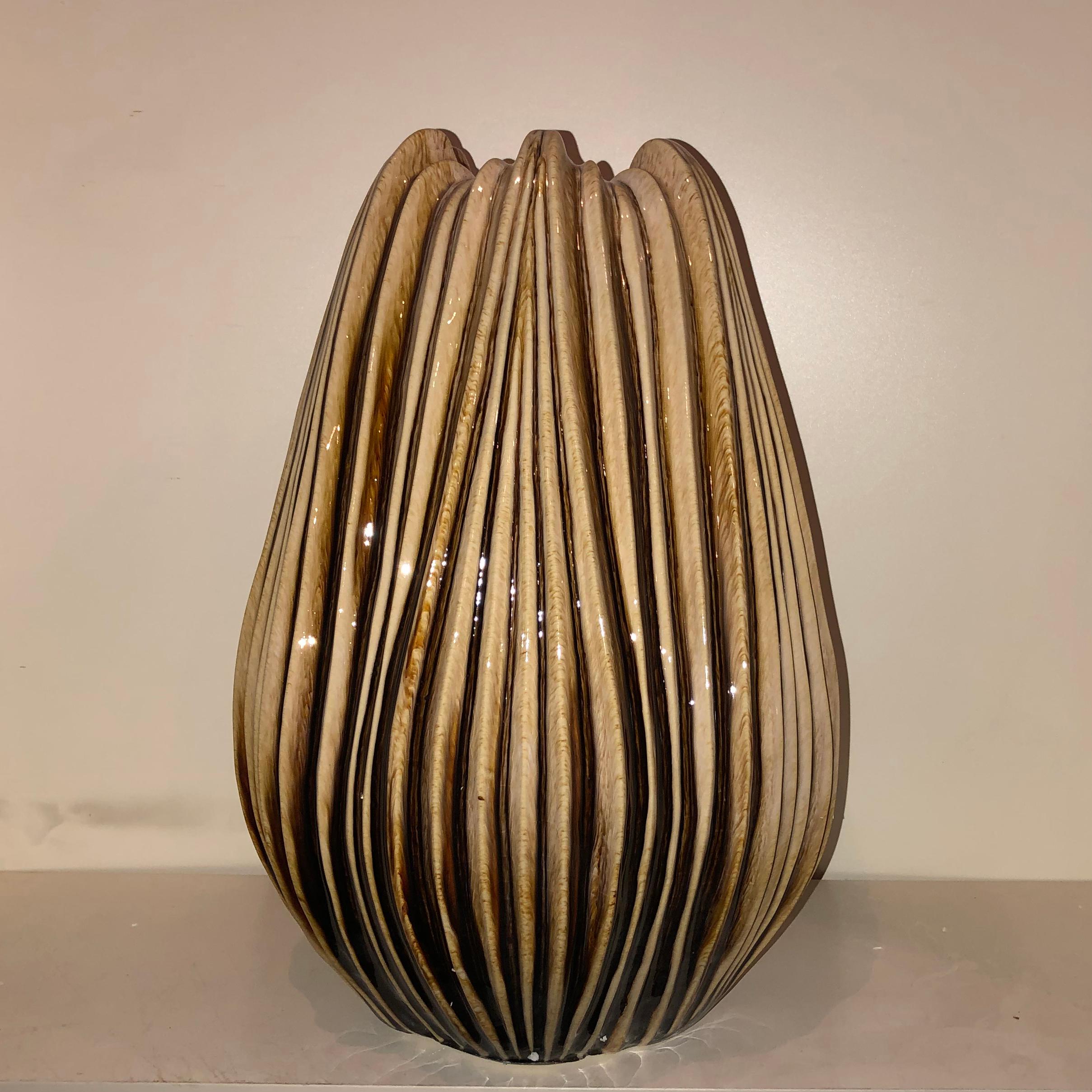 Italian Pair of Big Unusual Ceramic Vases in Beautiful Glaze, Italy 1970s For Sale
