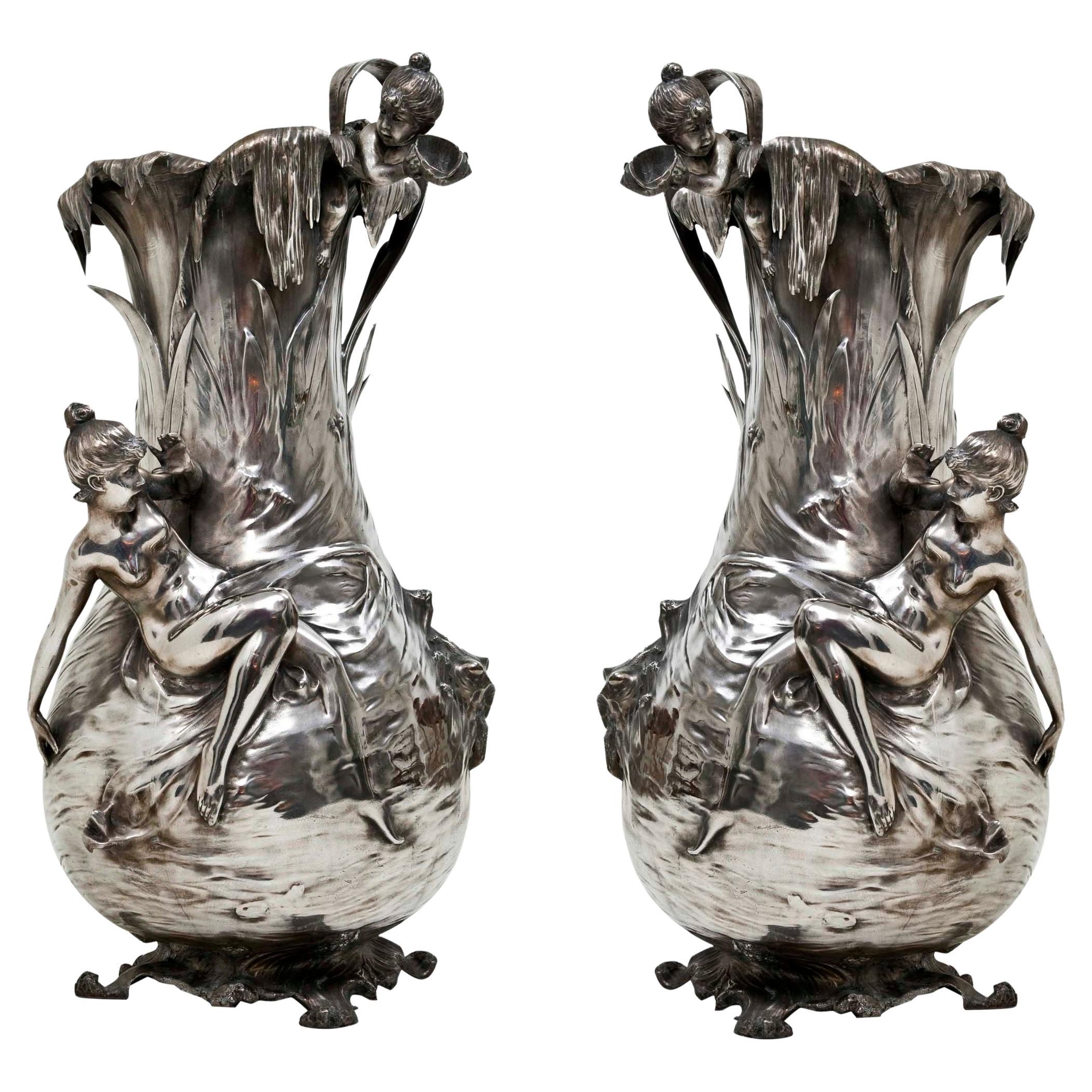 Paire de grands vases Wmf allemands en métal argenté, Jugendstil, Art nouveau, 1910 en vente