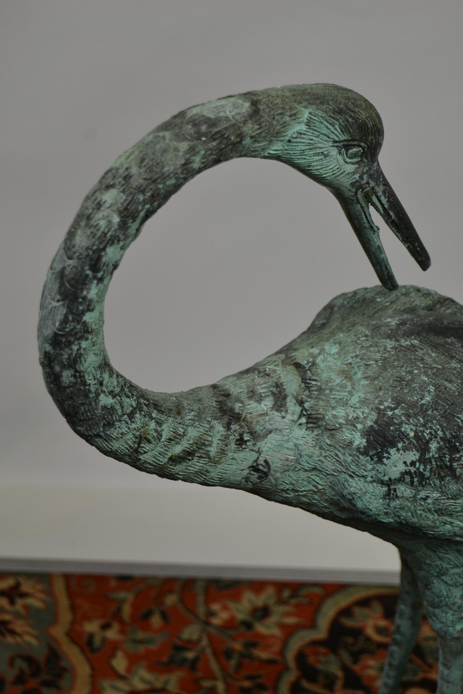 Pair of Big Vintage Green Patinated Bronze Sculptures of Crane Birds 1