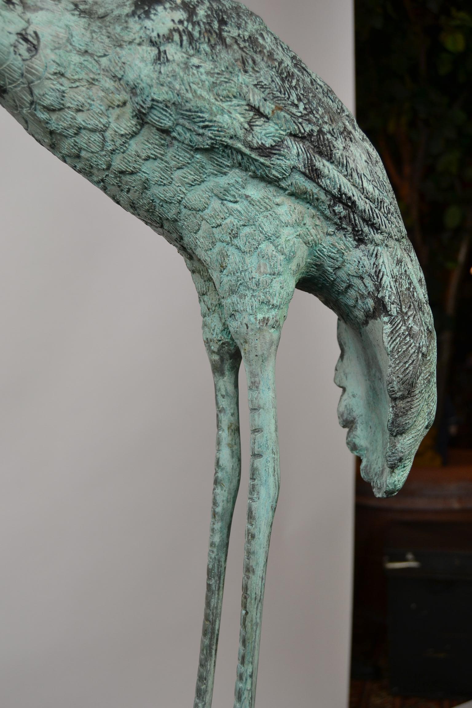 Pair of Big Vintage Green Patinated Bronze Sculptures of Crane Birds 3