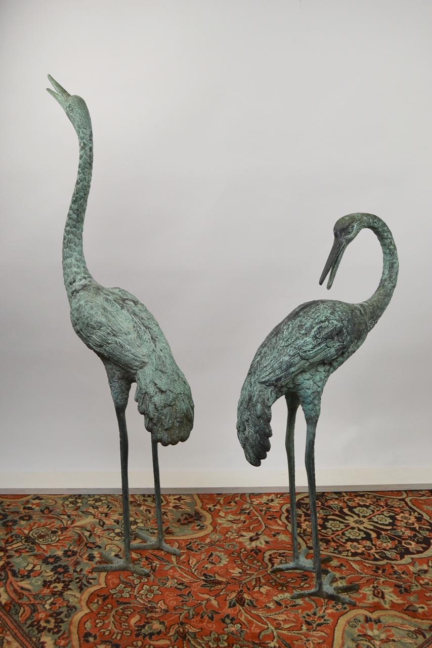 Pair of Big Vintage Green Patinated Bronze Sculptures of Crane Birds 5