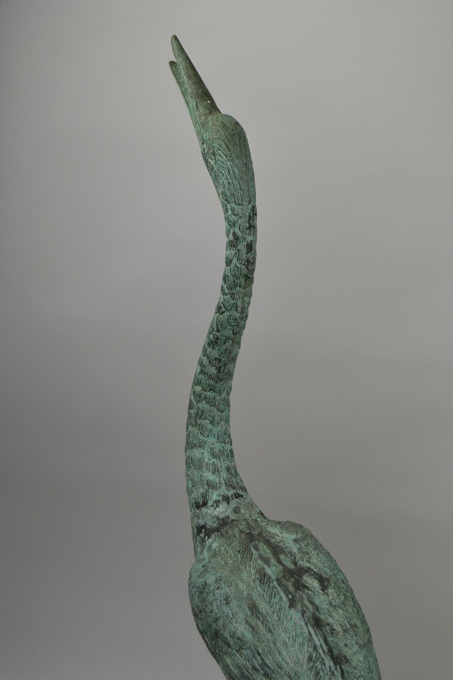 Pair of Big Vintage Green Patinated Bronze Sculptures of Crane Birds 6