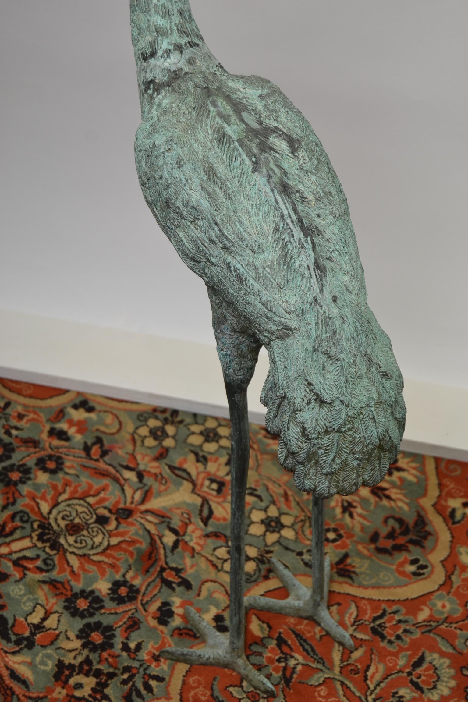 Pair of Big Vintage Green Patinated Bronze Sculptures of Crane Birds 7