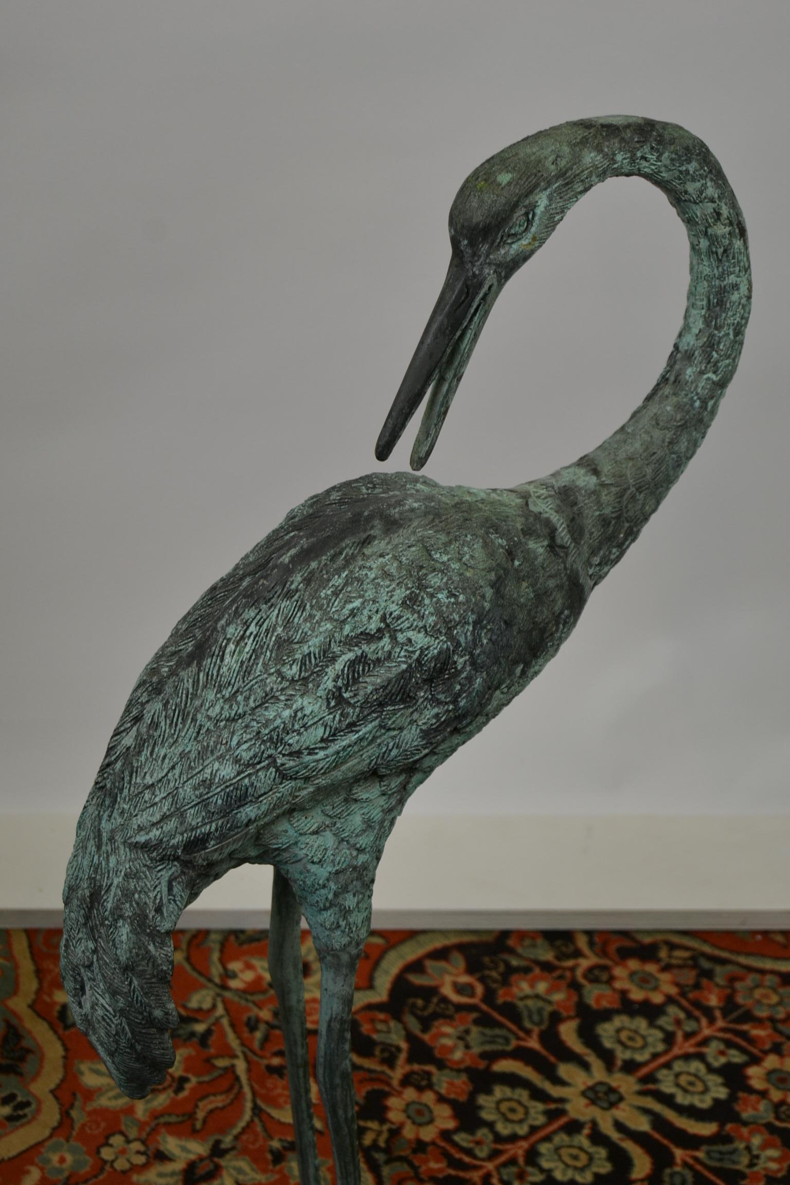 Pair of Big Vintage Green Patinated Bronze Sculptures of Crane Birds 8