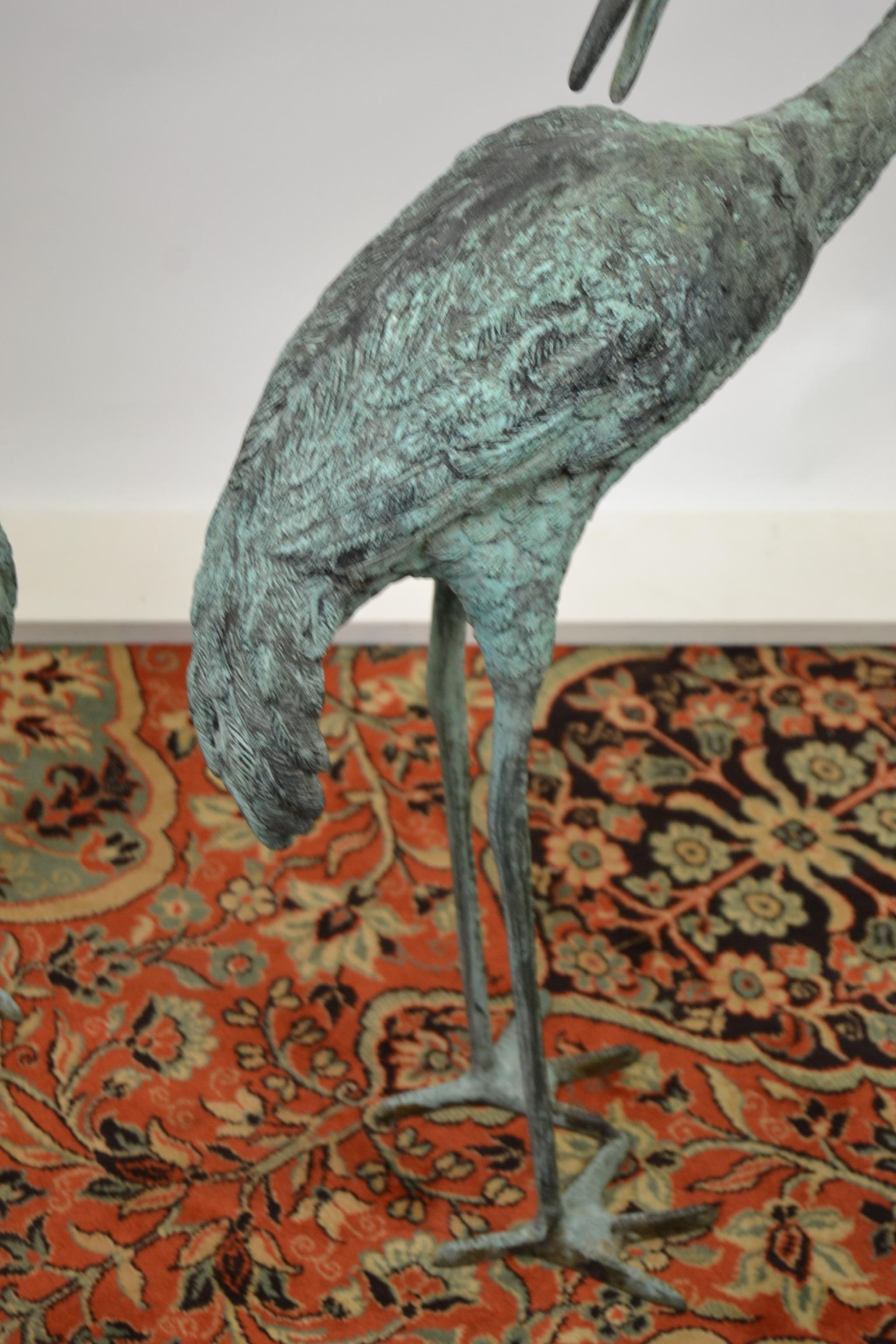 Pair of Big Vintage Green Patinated Bronze Sculptures of Crane Birds 9