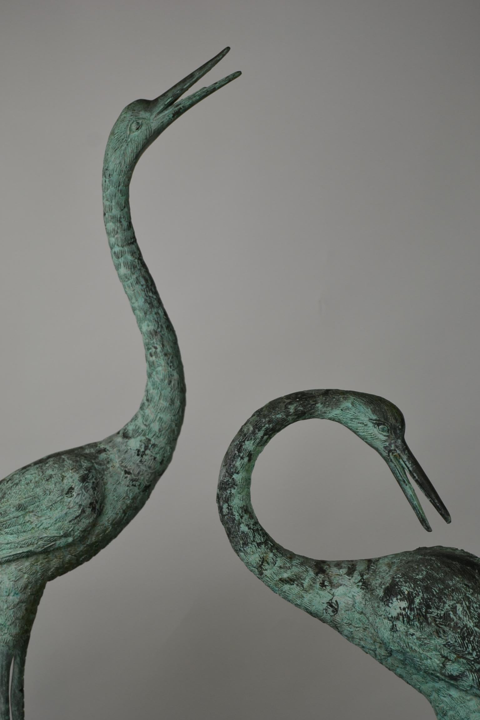Pair of Big Vintage Green Patinated Bronze Sculptures of Crane Birds 10