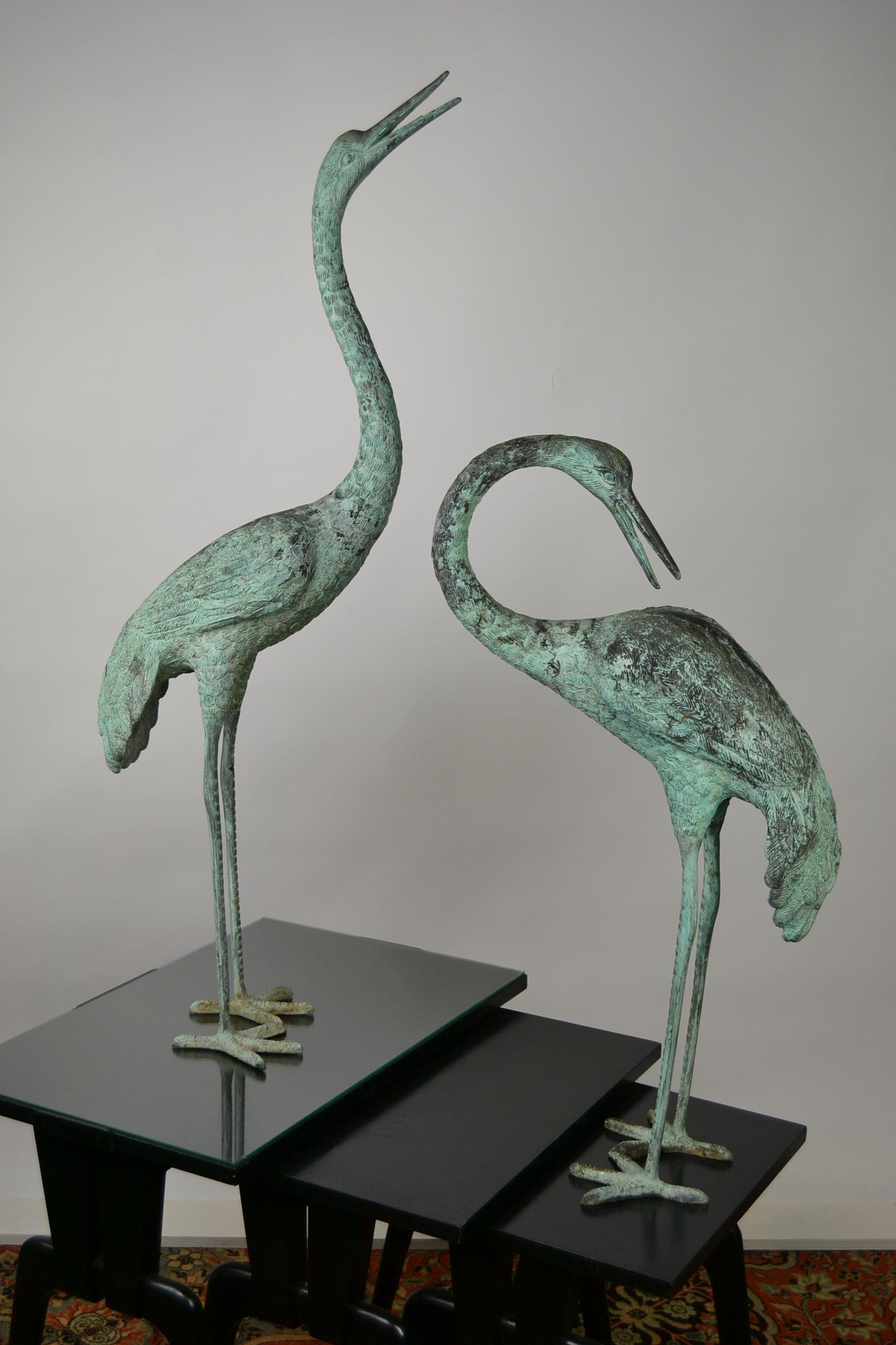 Pair of Big Vintage Green Patinated Bronze Sculptures of Crane Birds 11