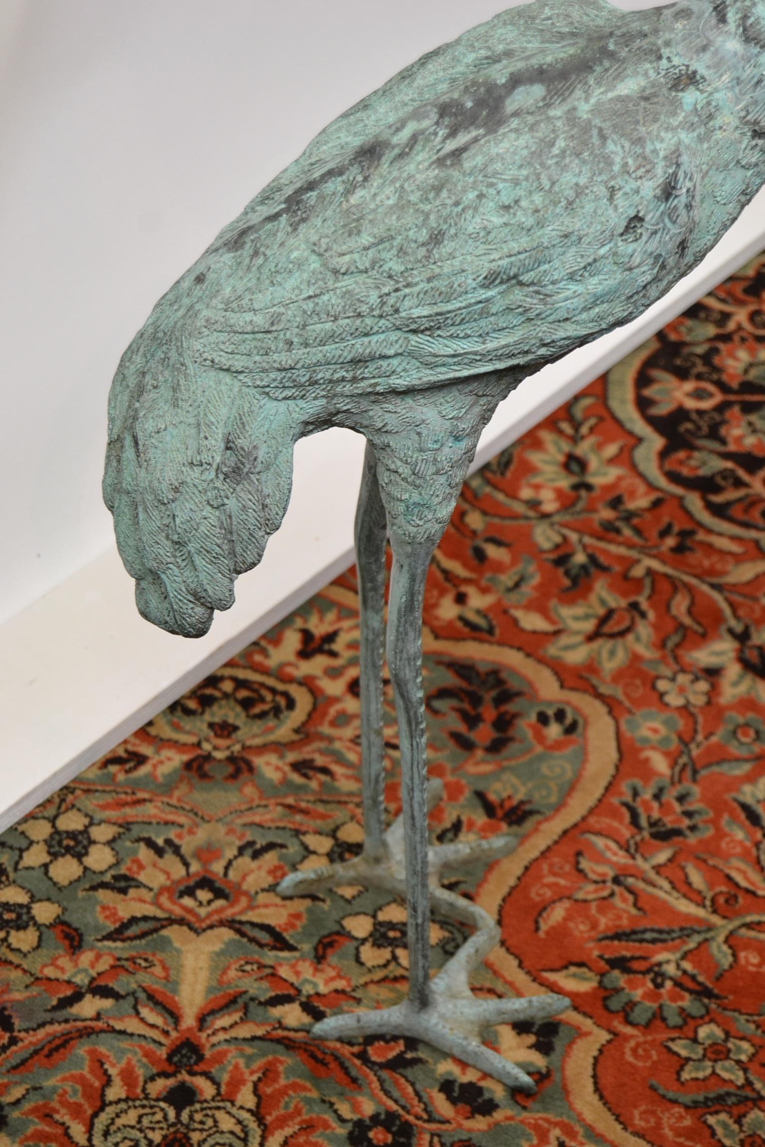 European Pair of Big Vintage Green Patinated Bronze Sculptures of Crane Birds