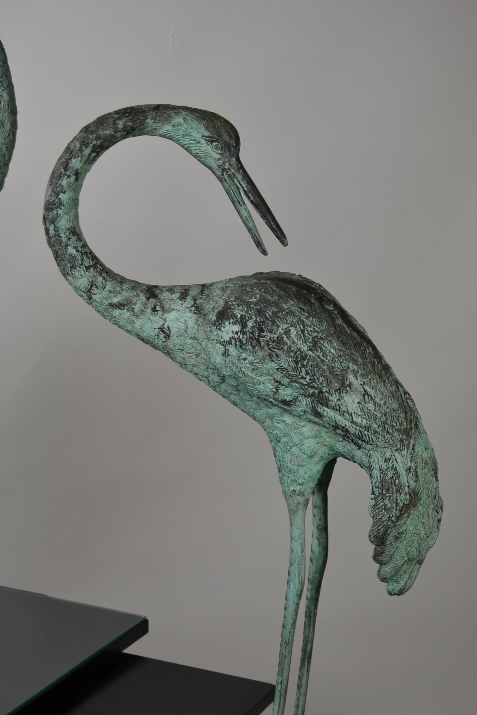 20th Century Pair of Big Vintage Green Patinated Bronze Sculptures of Crane Birds