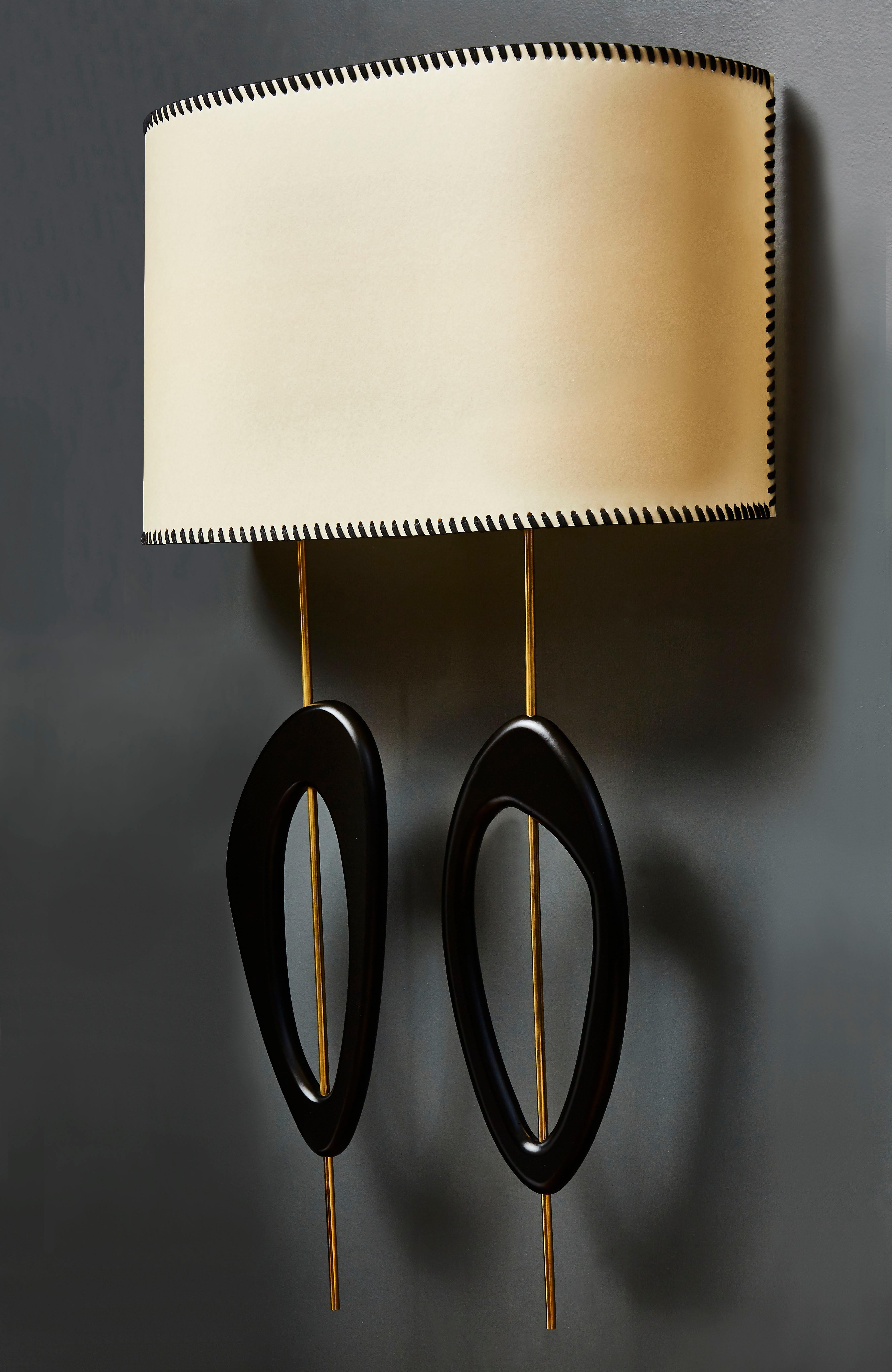 Modern Pair of Big Wall Sconces in Brass, Wood and Parchment Paper by Diego Mardegan