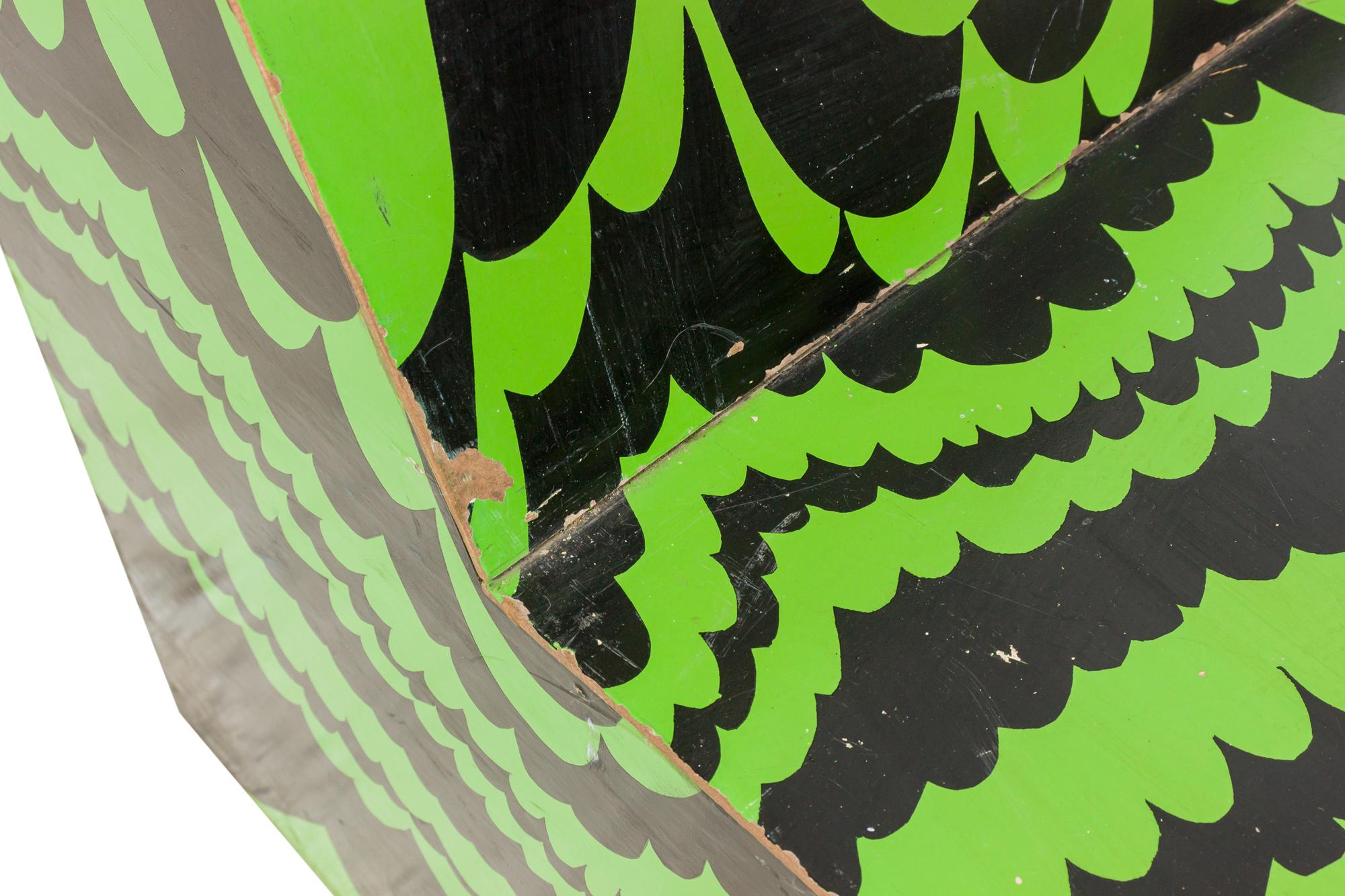 Pair of Bill Bell Pulled Feather Graphic Green and Black Painted Plywood Side For Sale 3