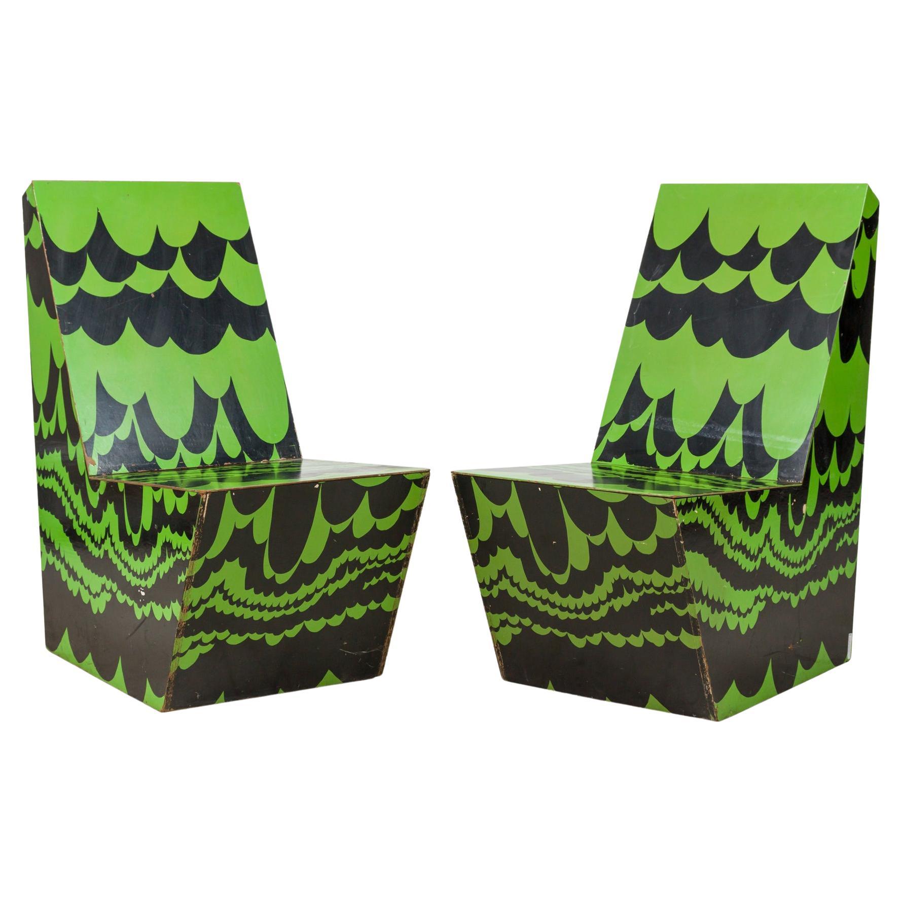 Pair of Bill Bell Pulled Feather Graphic Green and Black Painted Plywood Side For Sale