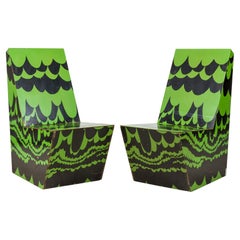 Pair of Bill Bell Pulled Feather Graphic Green and Black Painted Plywood Side