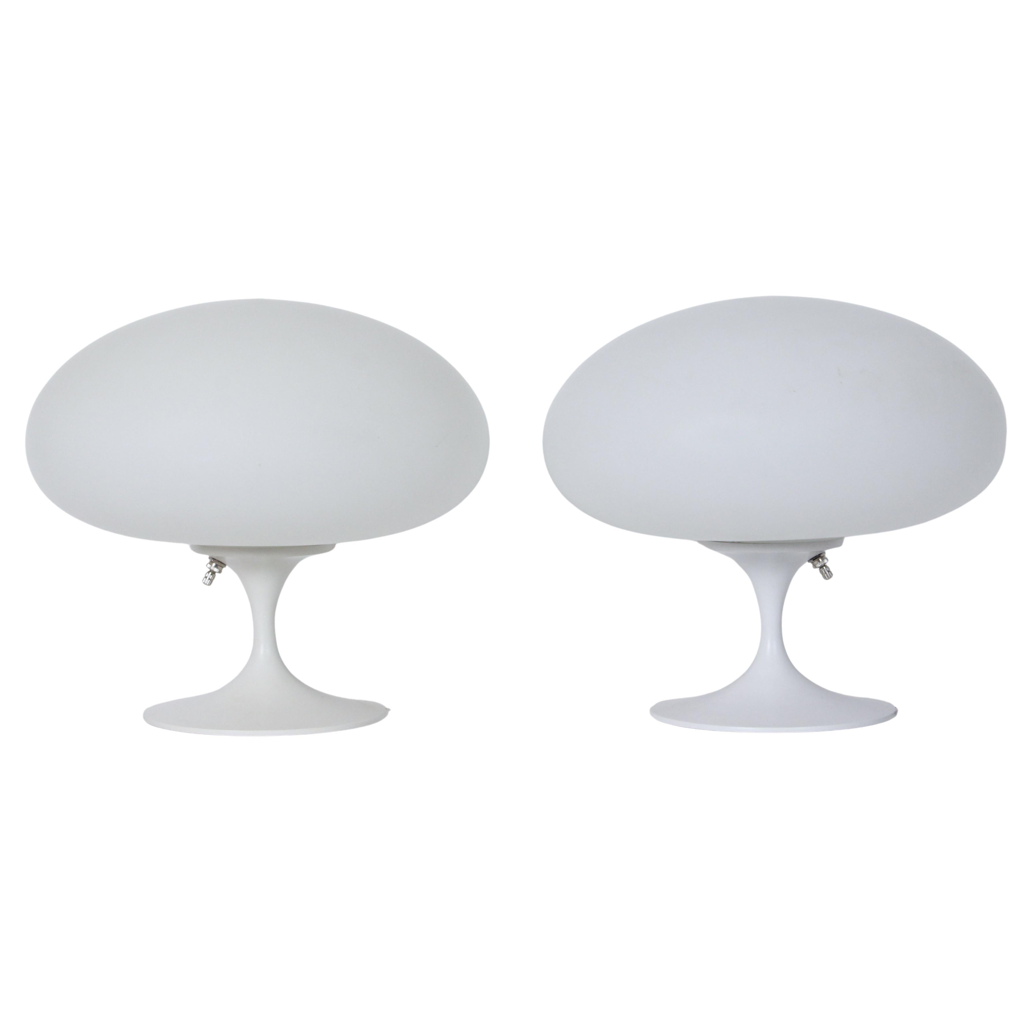 Pair of Bill Curry "Mushroom" Series White Table Lamps with White Glass Shades For Sale