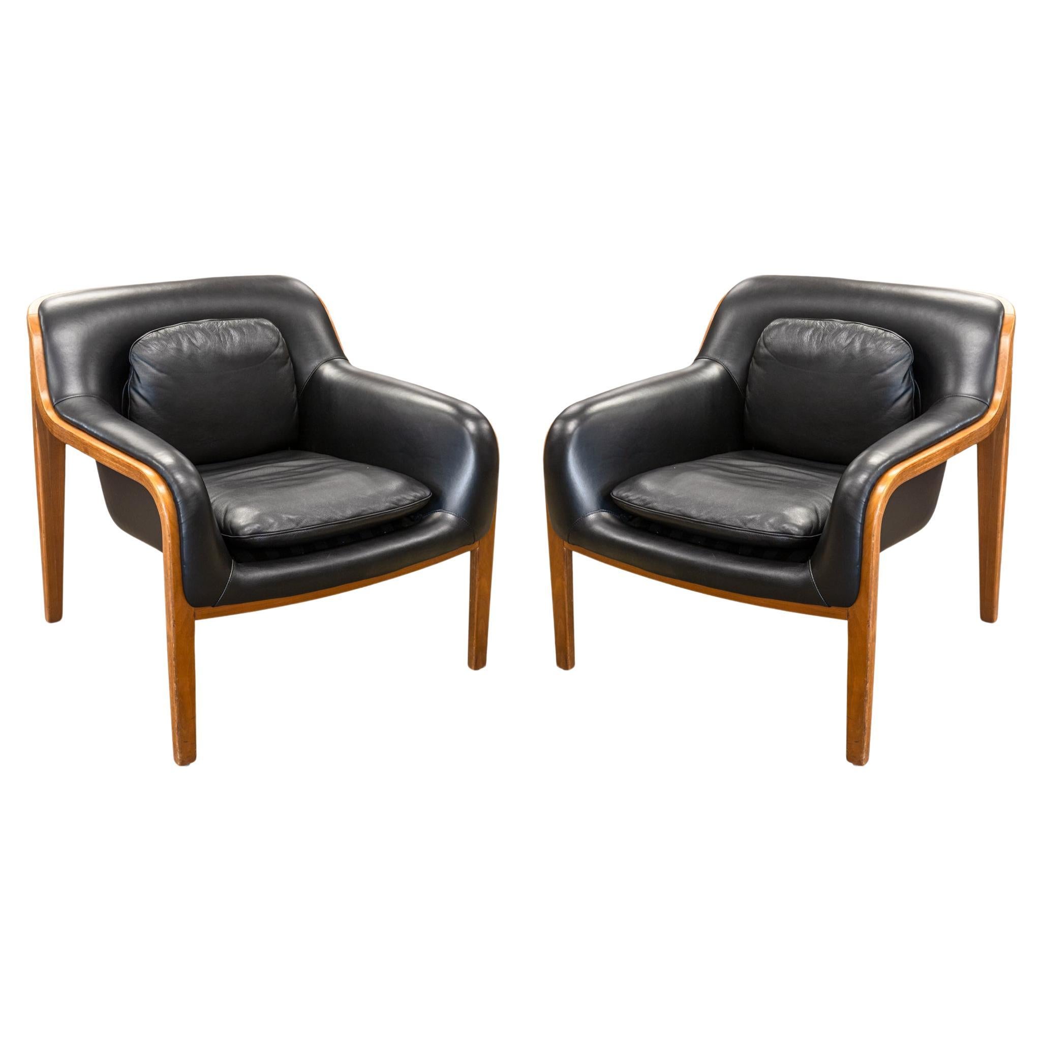 Pair of Bill Stephens for Knoll Black Leather and Wood Mid Century Armchairs