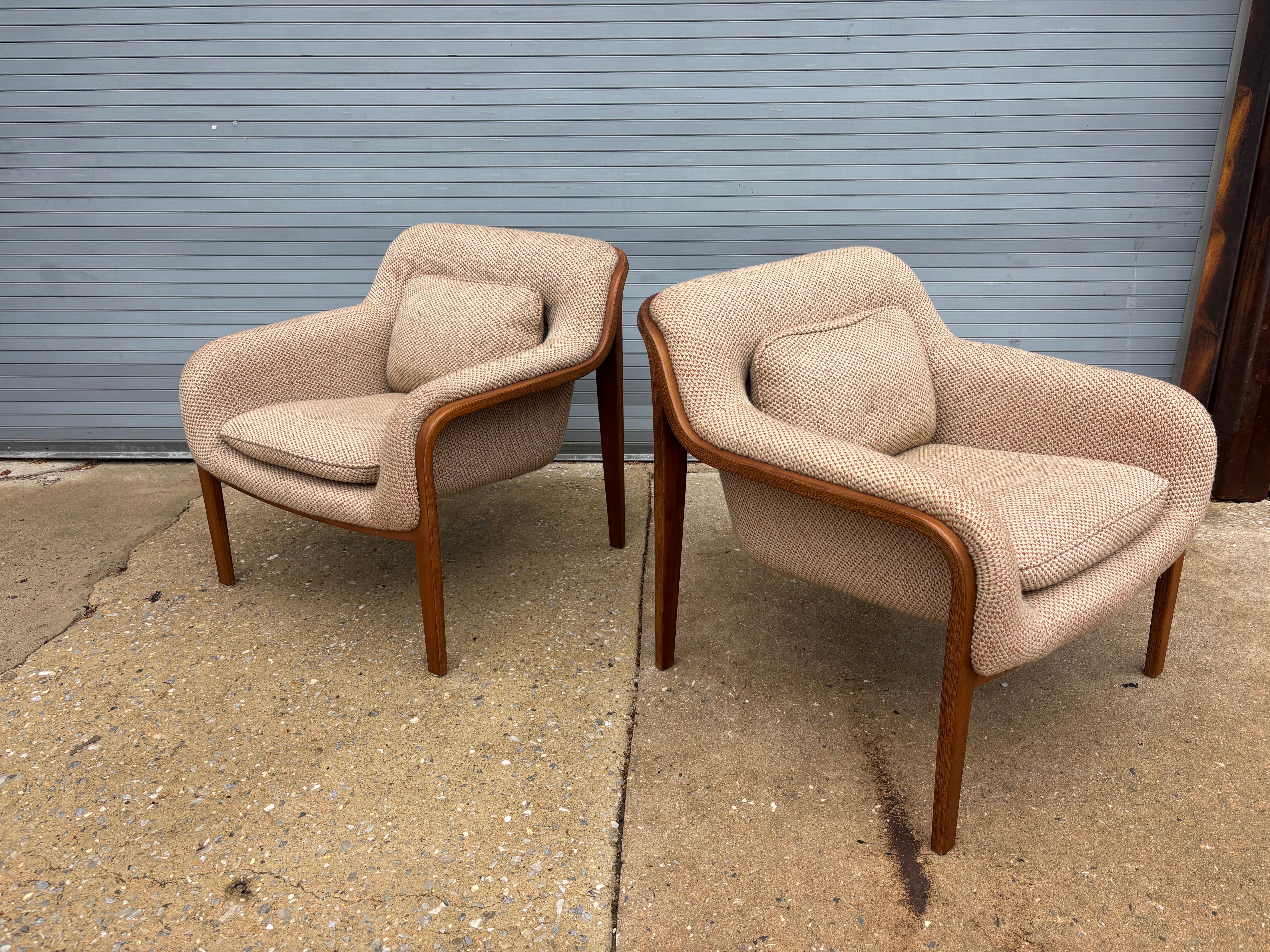 Pair of Lounge Chairs designed by Bill Stephens and produced by Knoll.  This Original pair is in great shape!  Very comfortable!  Original Fabric and Foam are both very good.  Molded Plywood forms the legs and shape.
