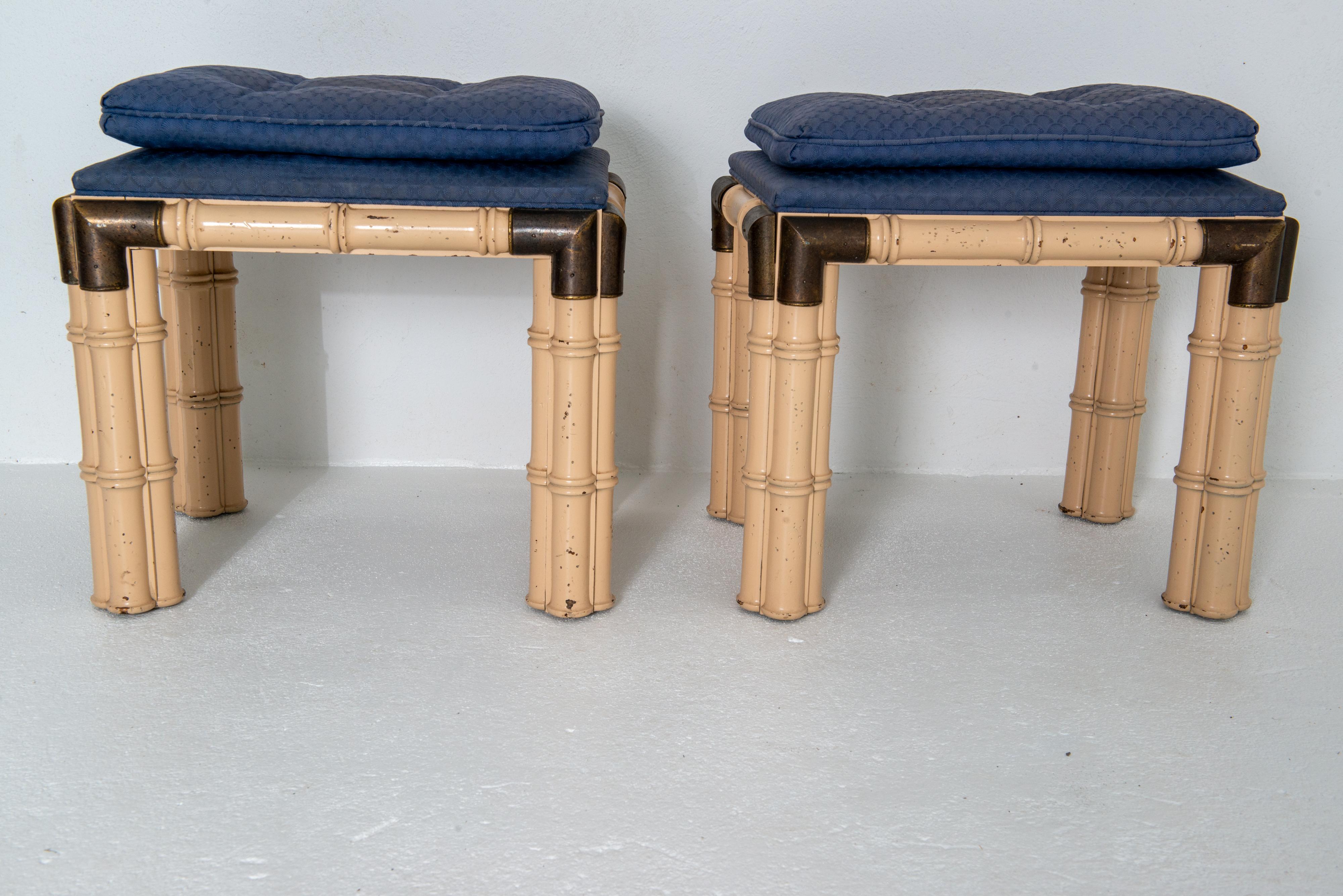 Pair of Billy Baldwin Faux Bamboo and Brass Rectangular Upholstered. Benches For Sale 4